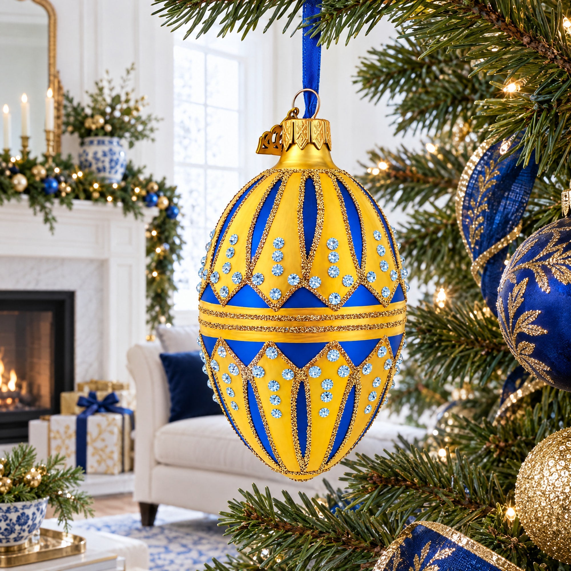 Blue Enamel Royal Inspired Egg Glass Ornament 4 Inches