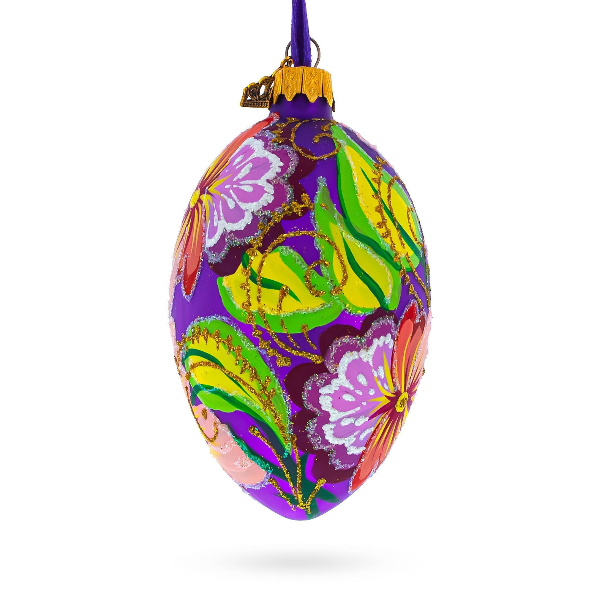 Flowers on Purple Glass Egg Ornament 4 Inches