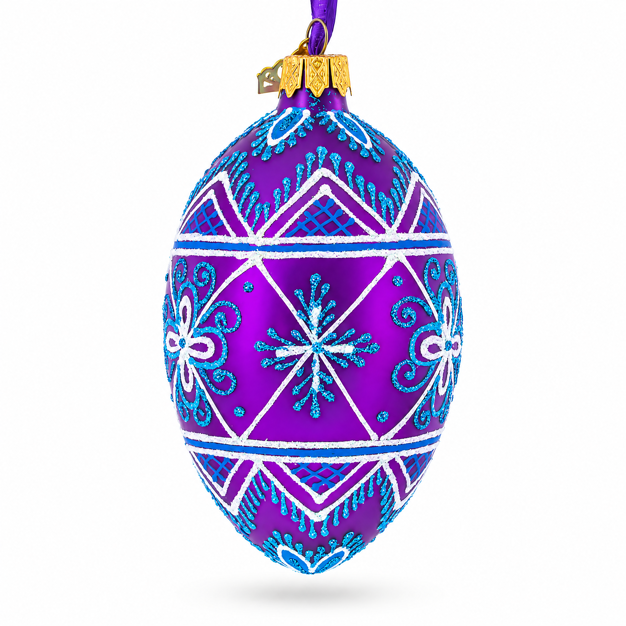 White Stars on Purple Glass Egg Ornament 4 Inches