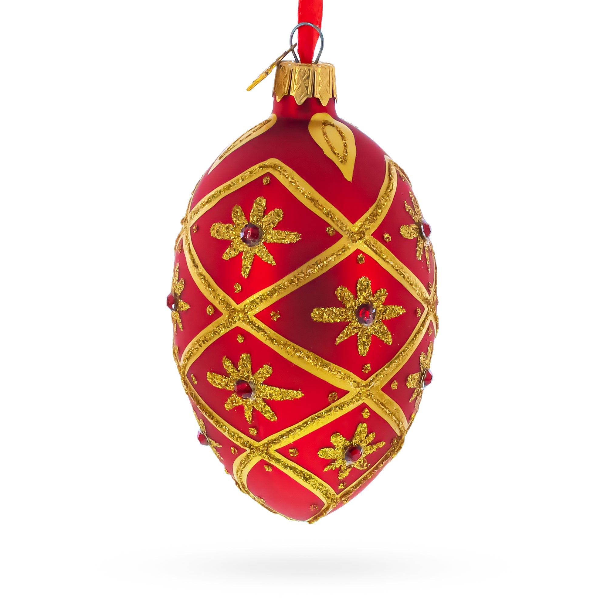 Gold Stars on Red Glass Egg Ornament 4 Inches