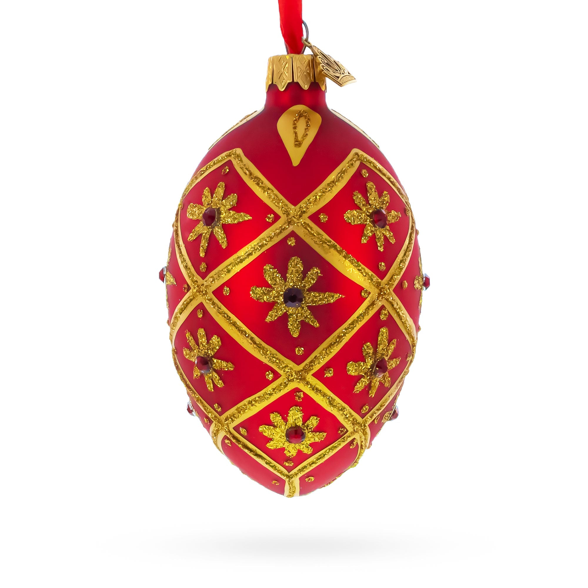 Gold Stars on Red Glass Egg Ornament 4 Inches