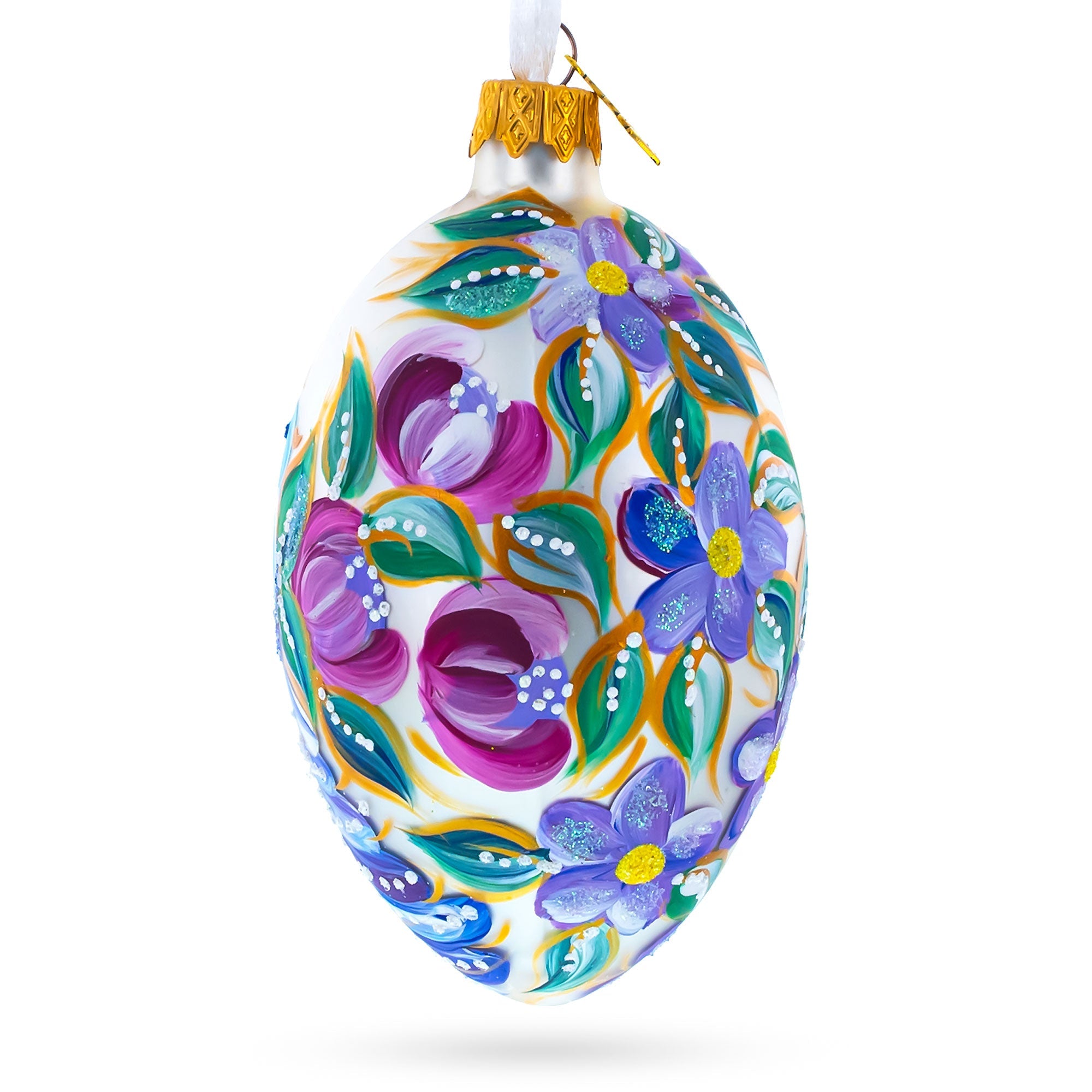 Blye Songbird with Blossoms Glass Egg Ornament 4 Inches