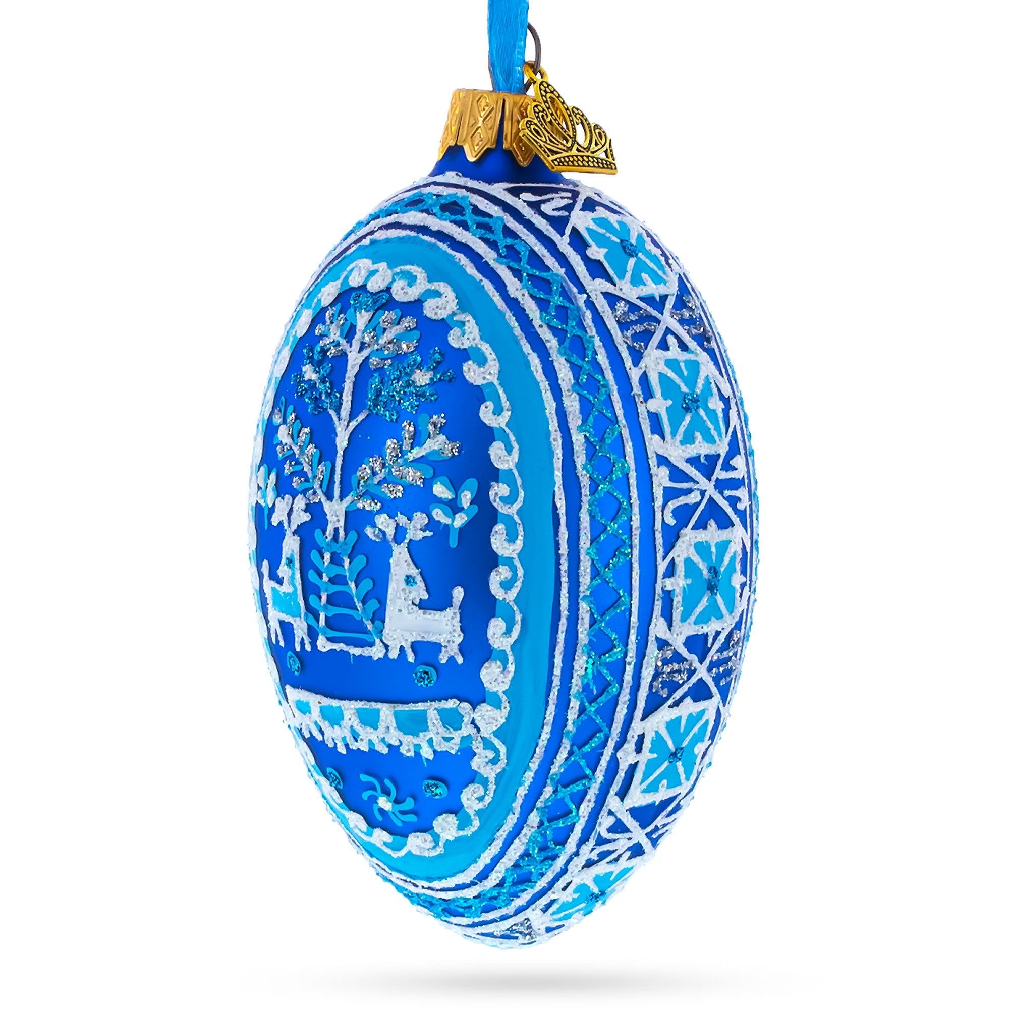 Two Deer in Forest Ukrainian Glass Egg Ornament 4 Inches
