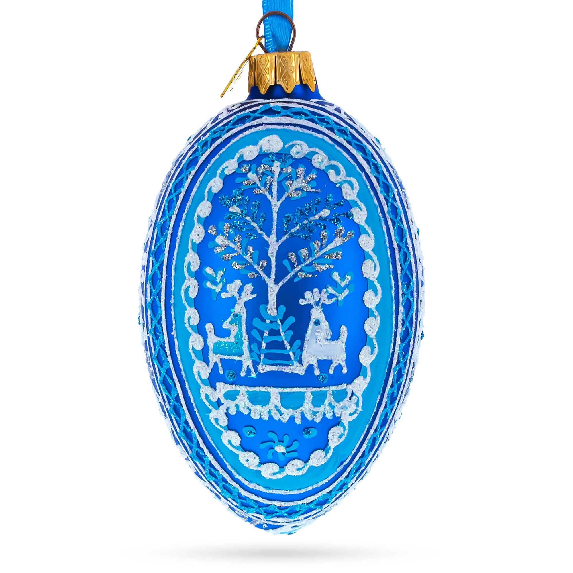 Two Deer in Forest Ukrainian Glass Egg Ornament 4 Inches