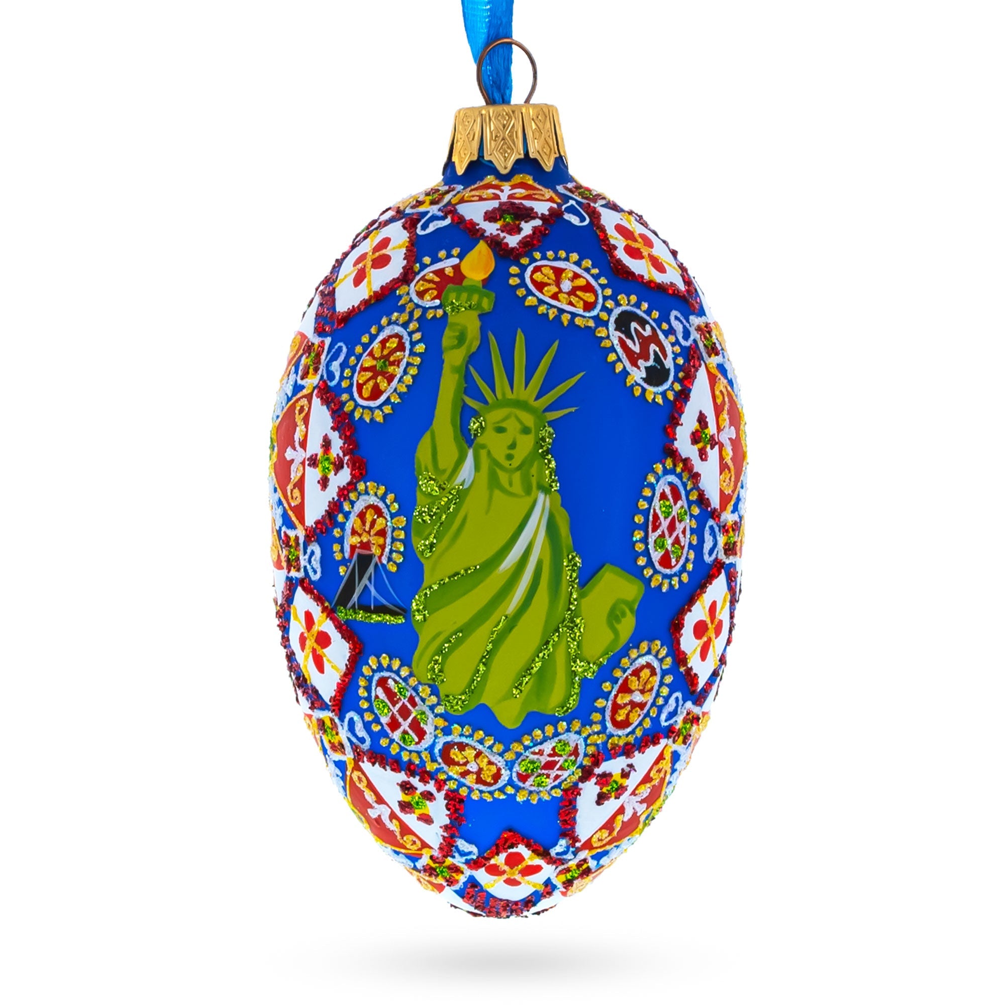 Statue of Liberty Ukrainian Glass Egg Ornament 4 Inches