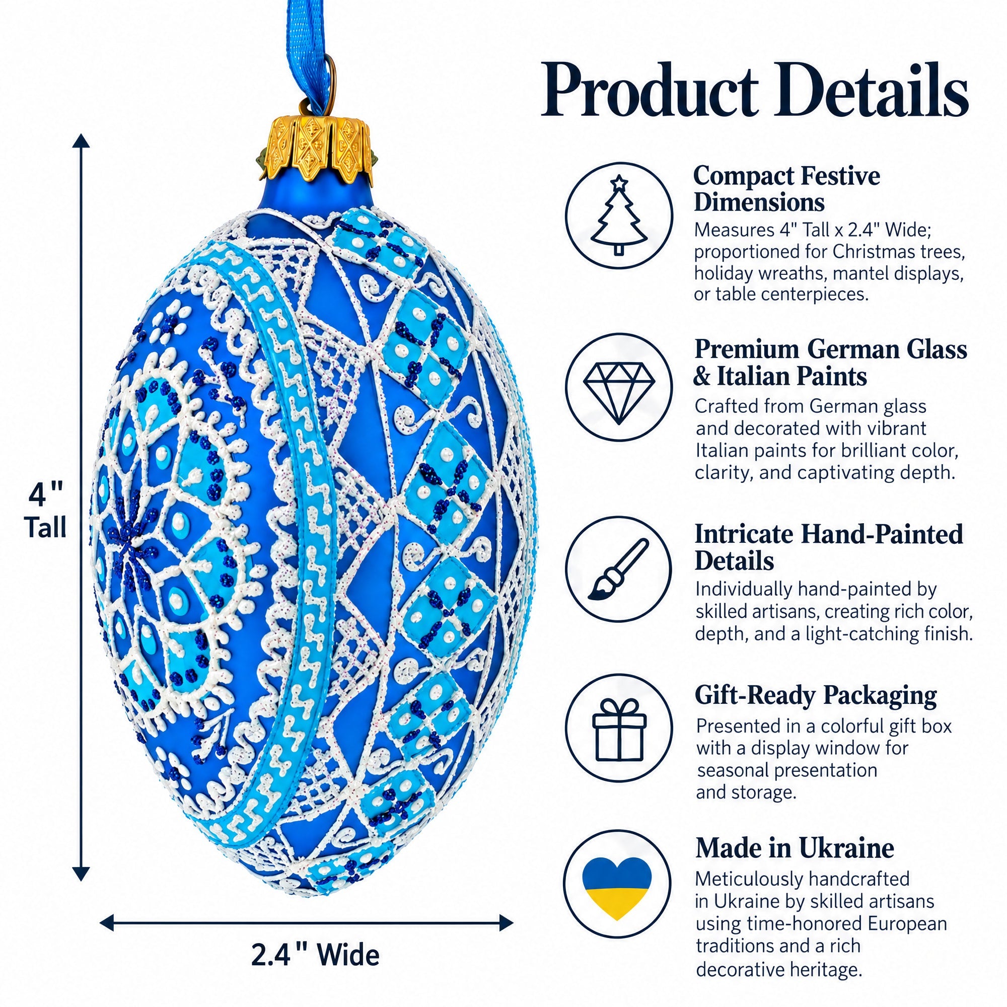 Spire Star Ukrainian Glass Egg Ornament 4 Inches