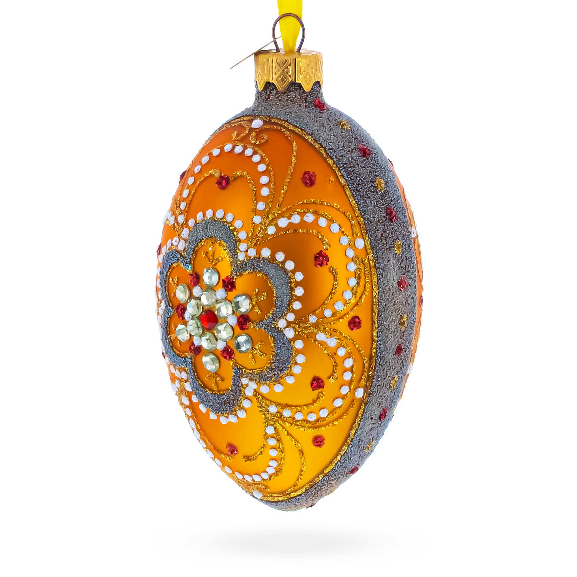 White Flower On Orange Glass Egg Ornament 4 Inches