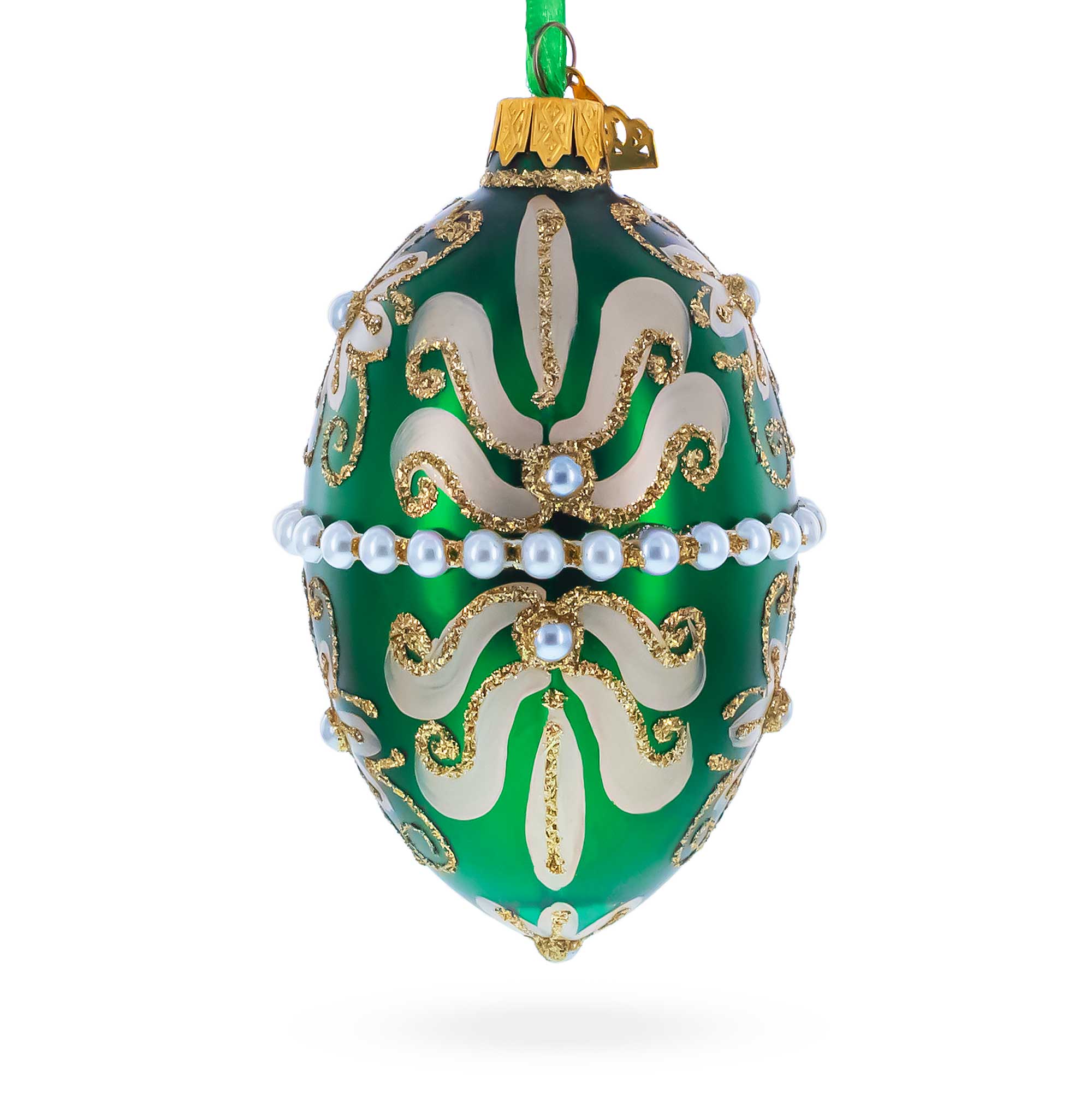 Beaded Center & Golden Flowers On Green Glass Egg Ornament 4 Inches