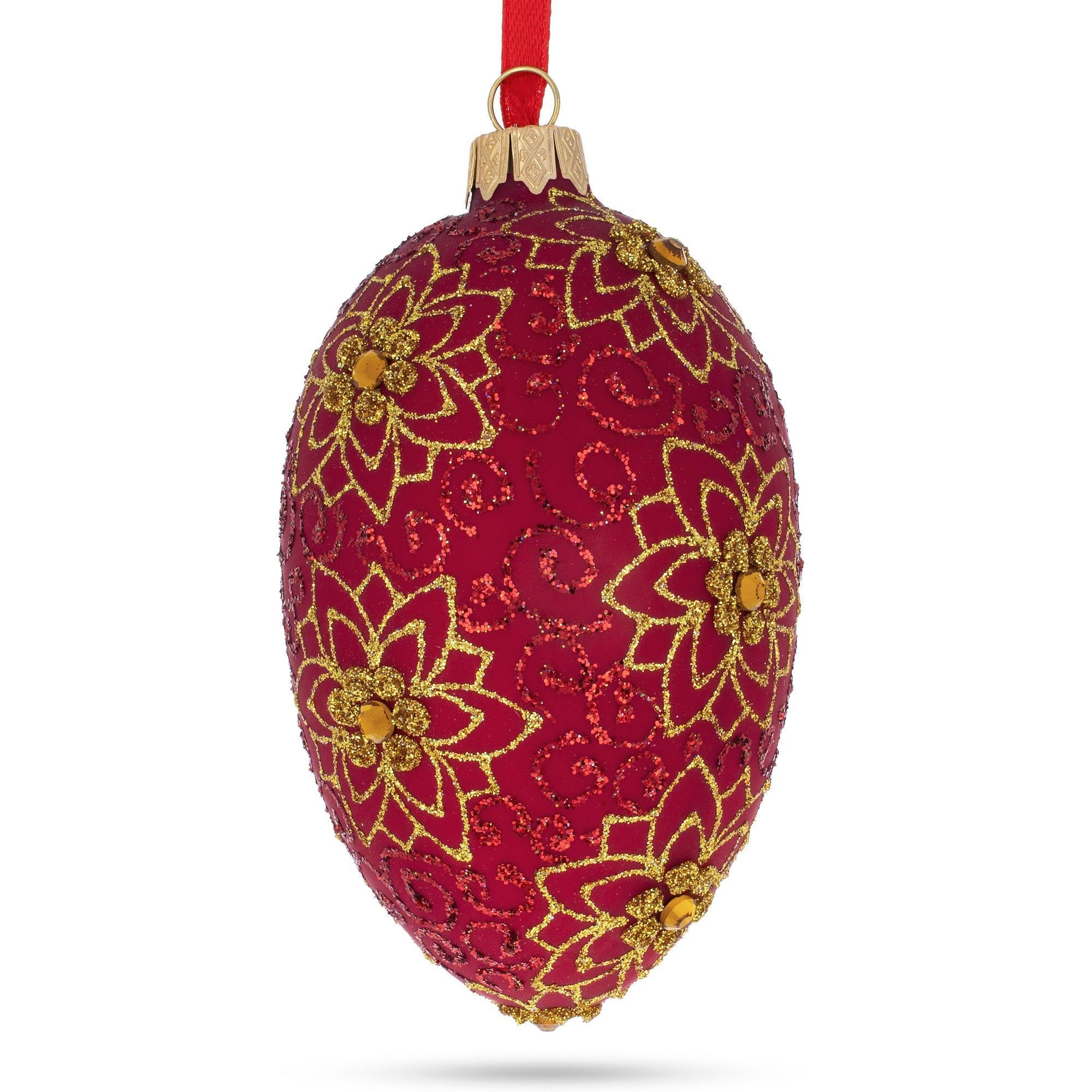 Golden Flower on Red Glass Egg Ornament 4 Inches
