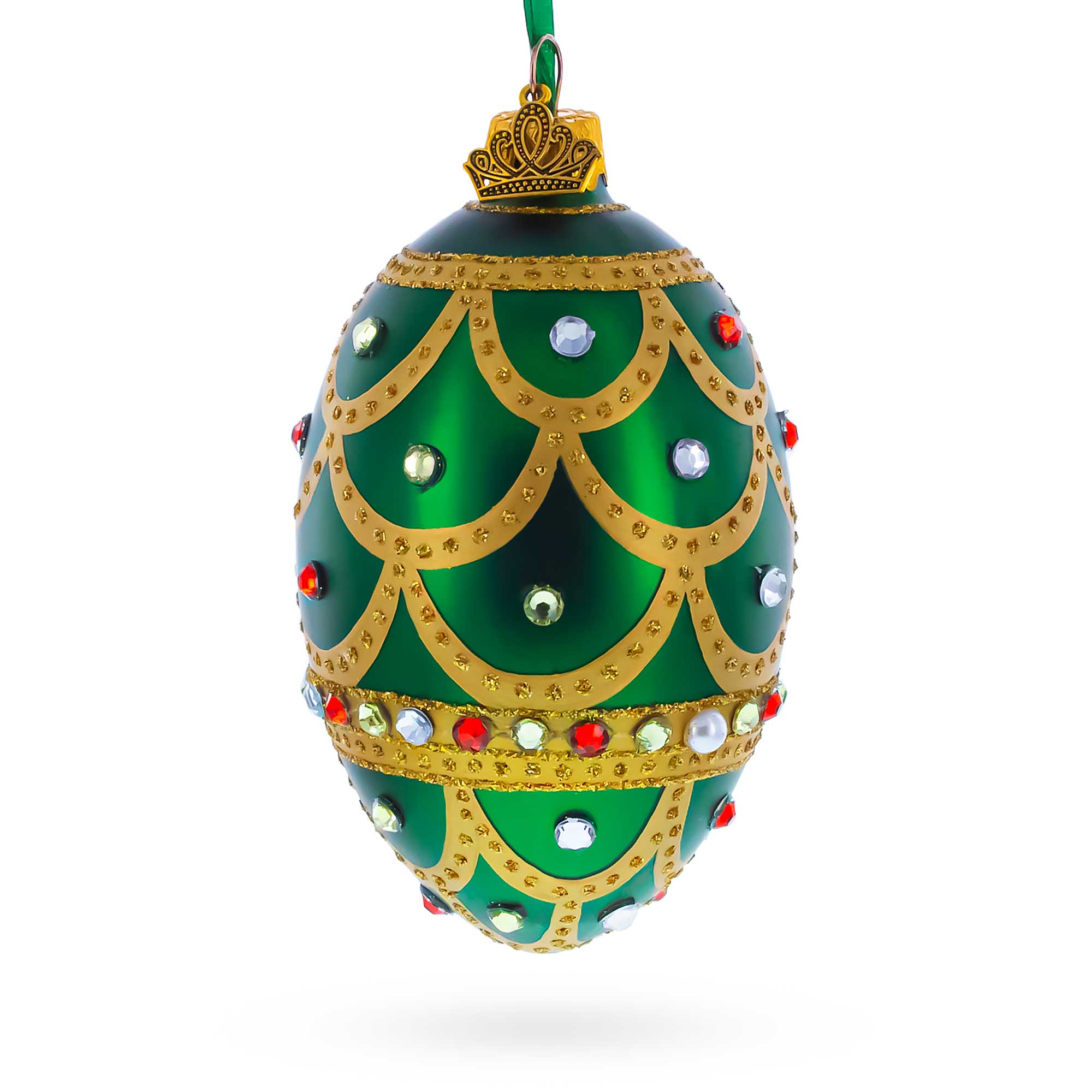 Gold Scallop on Green Jeweled Egg Glass Ornament 4 Inches