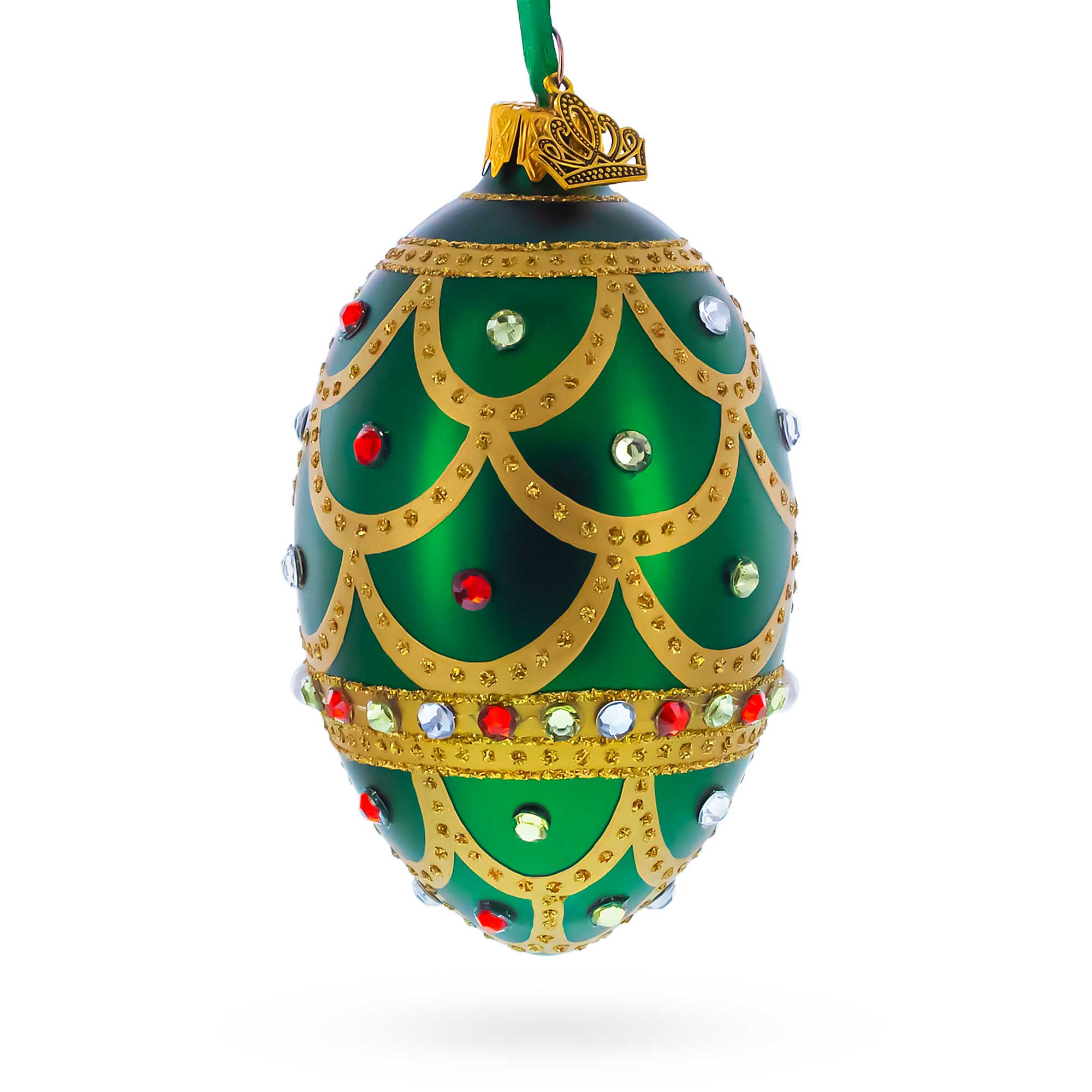 Gold Scallop on Green Jeweled Egg Glass Ornament 4 Inches