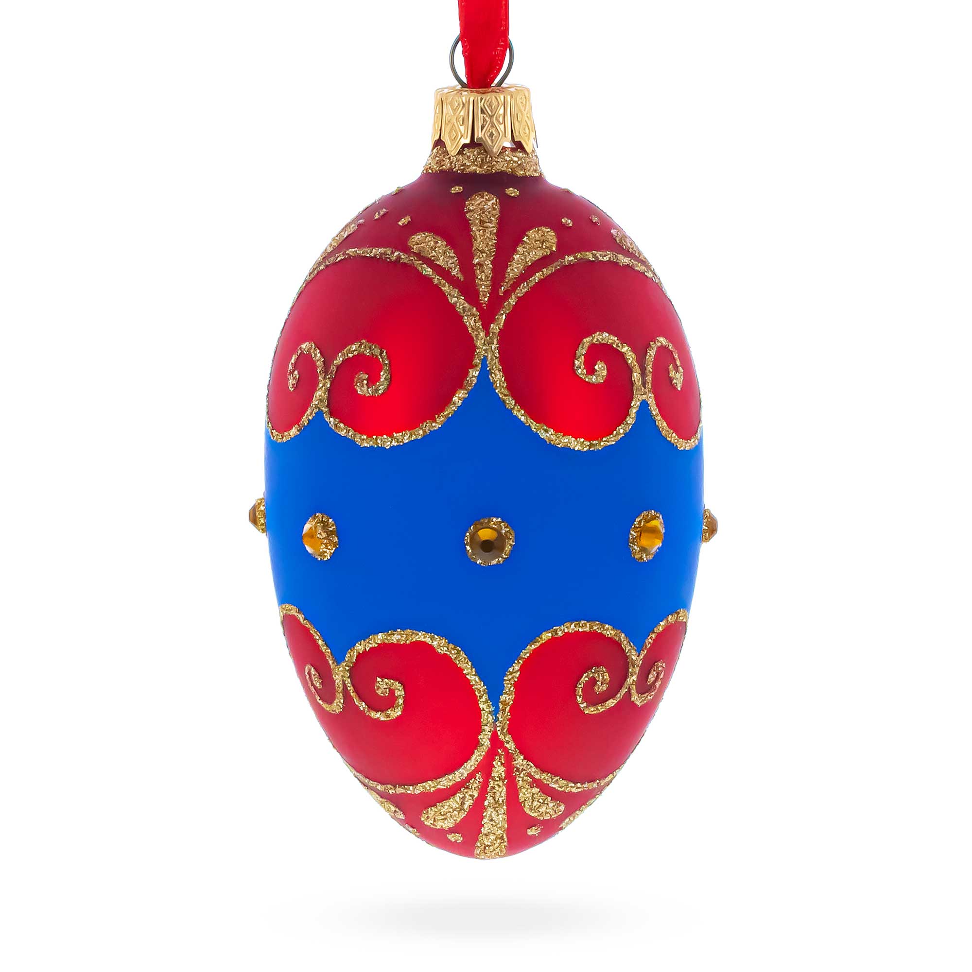 Red and Blue Jeweled Egg Glass Ornament 4 Inches