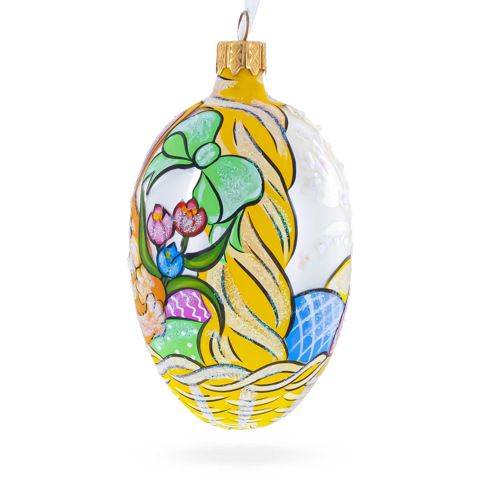 Easter Bunny in Flower Basket Glass Egg Ornament 4 Inches