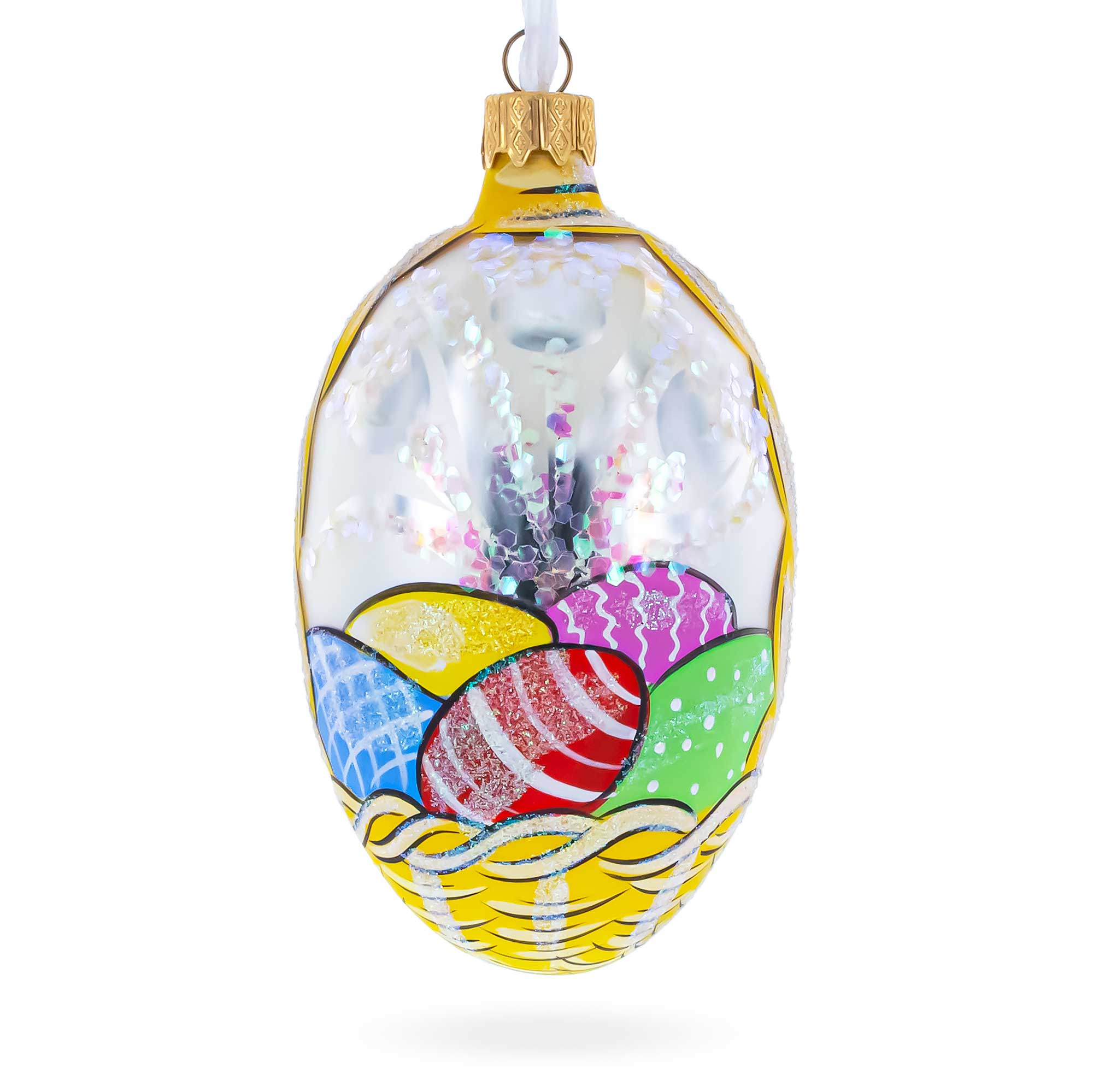 Easter Bunny in Flower Basket Glass Egg Ornament 4 Inches