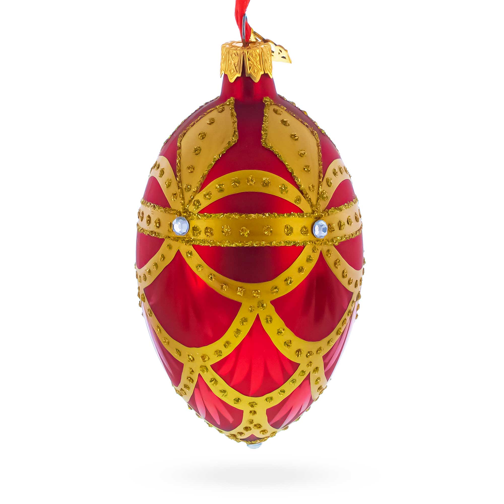 Gold Trellis on Red Egg Glass Ornament 4 Inches