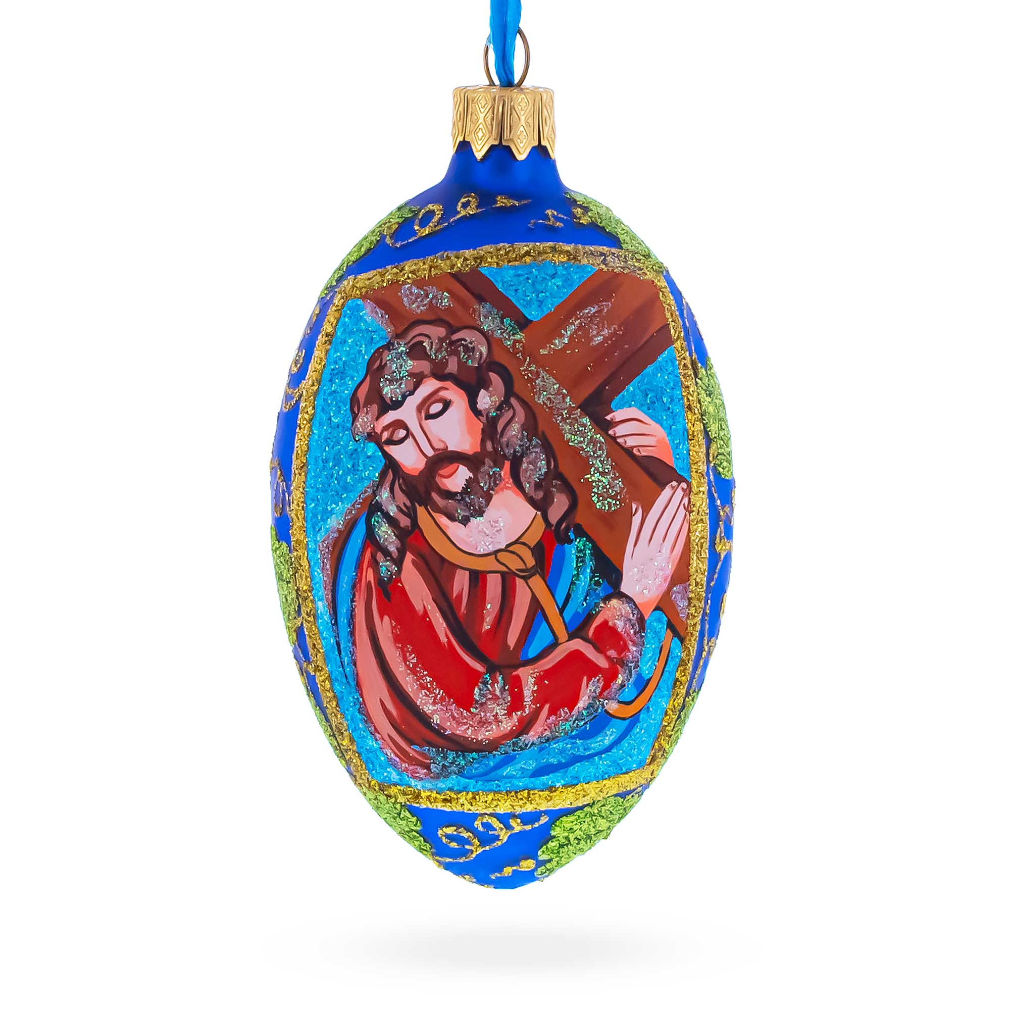Jesus Carrying The Cross Glass Egg Ornament 4 Inches