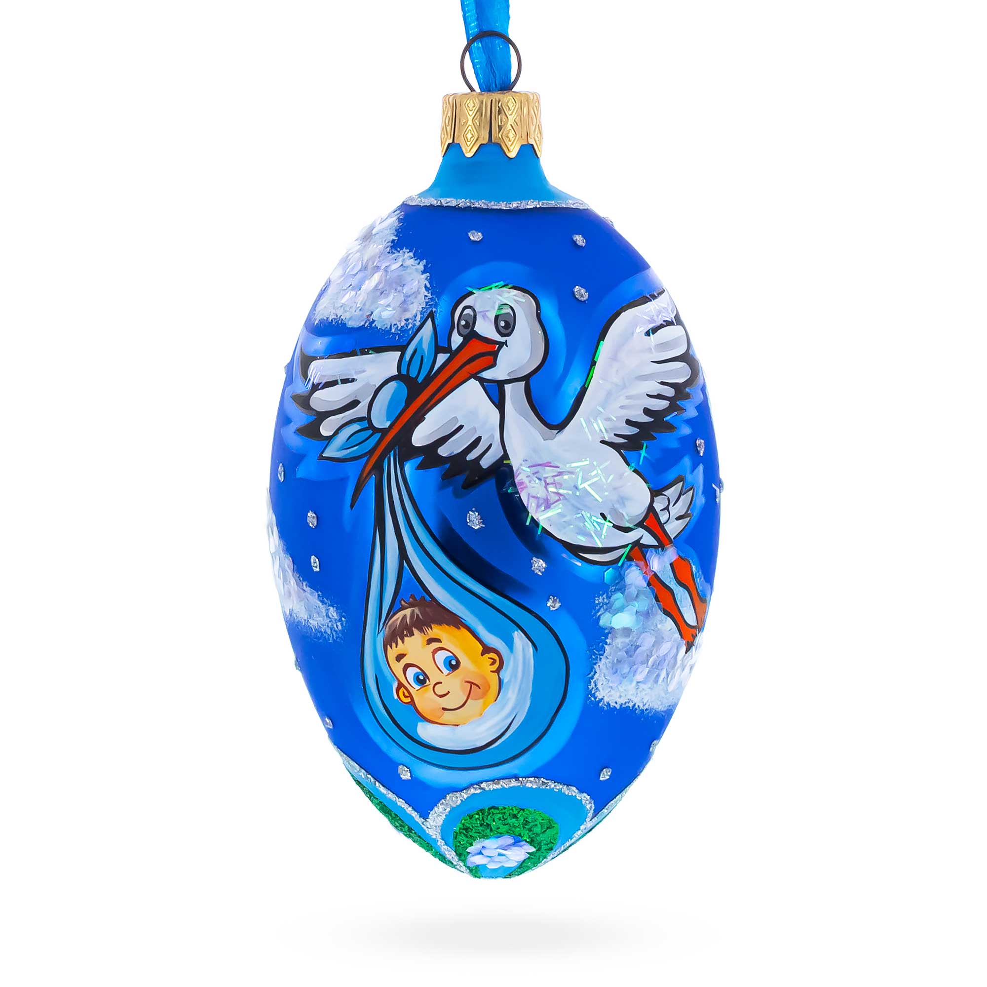 Newborn Baby Boy Egg Glass Ornament 4 Inches
