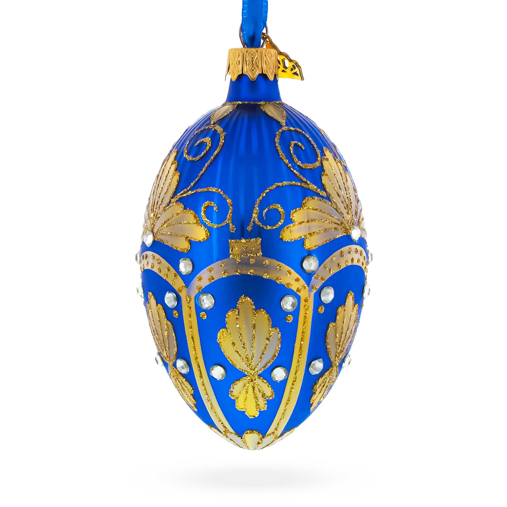 Golden Pearls on Blue Guilloche Glass Egg Christmas Ornament 4 Inches