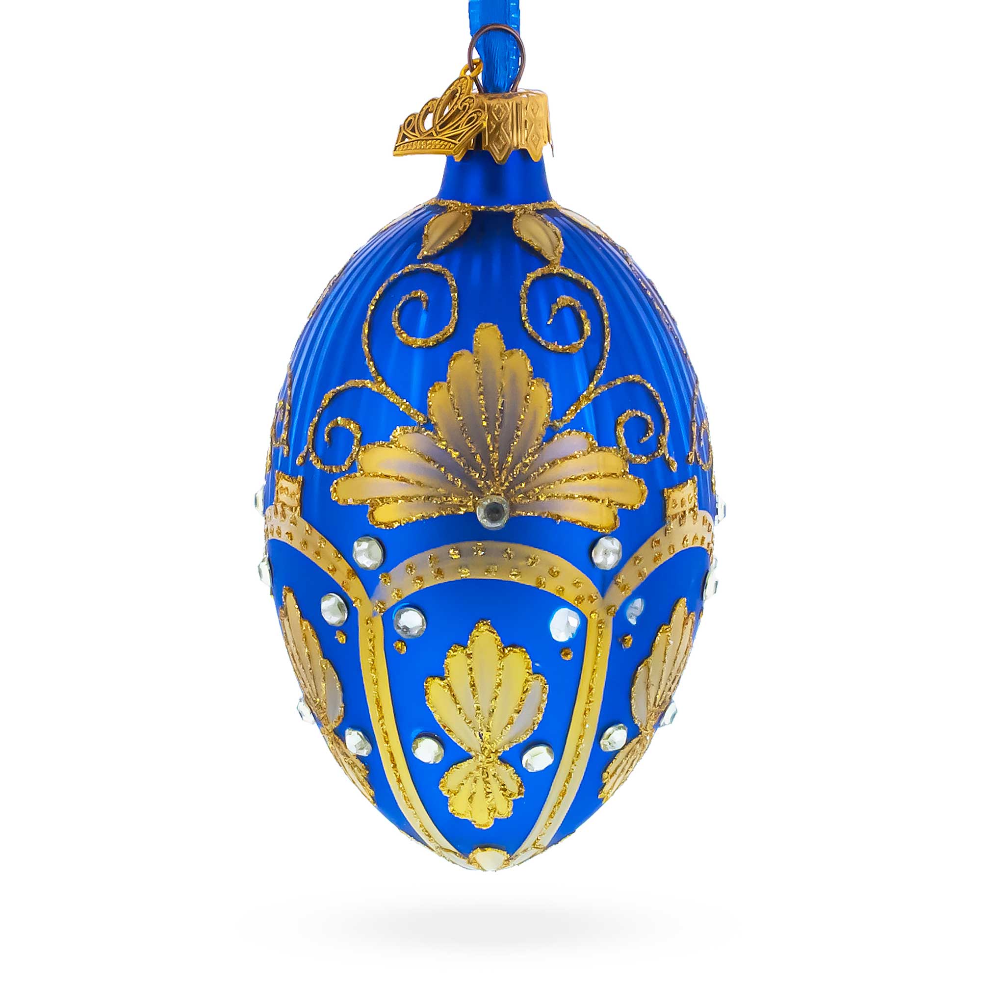 Golden Pearls on Blue Guilloche Glass Egg Christmas Ornament 4 Inches