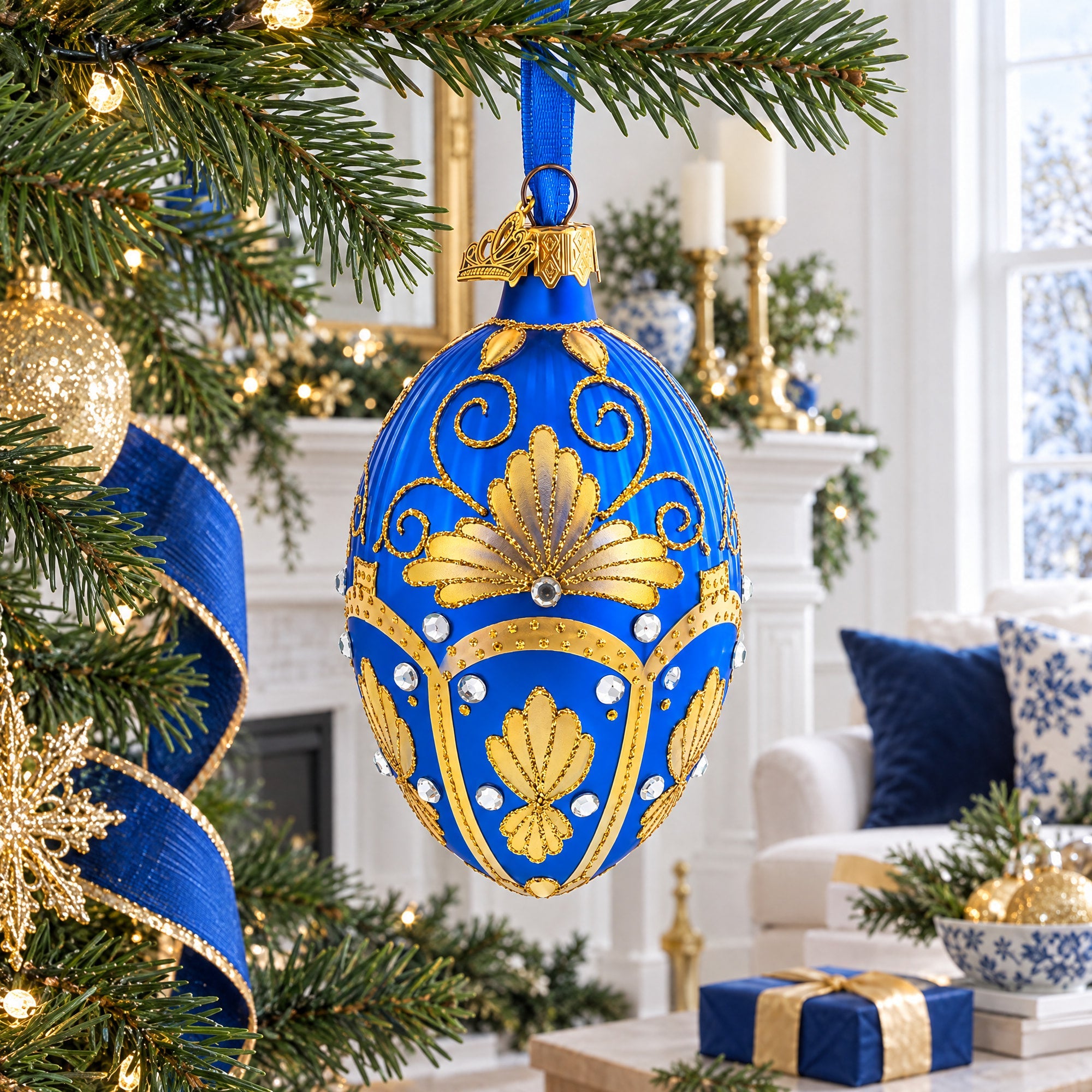 Golden Pearls on Blue Guilloche Glass Egg Christmas Ornament 4 Inches