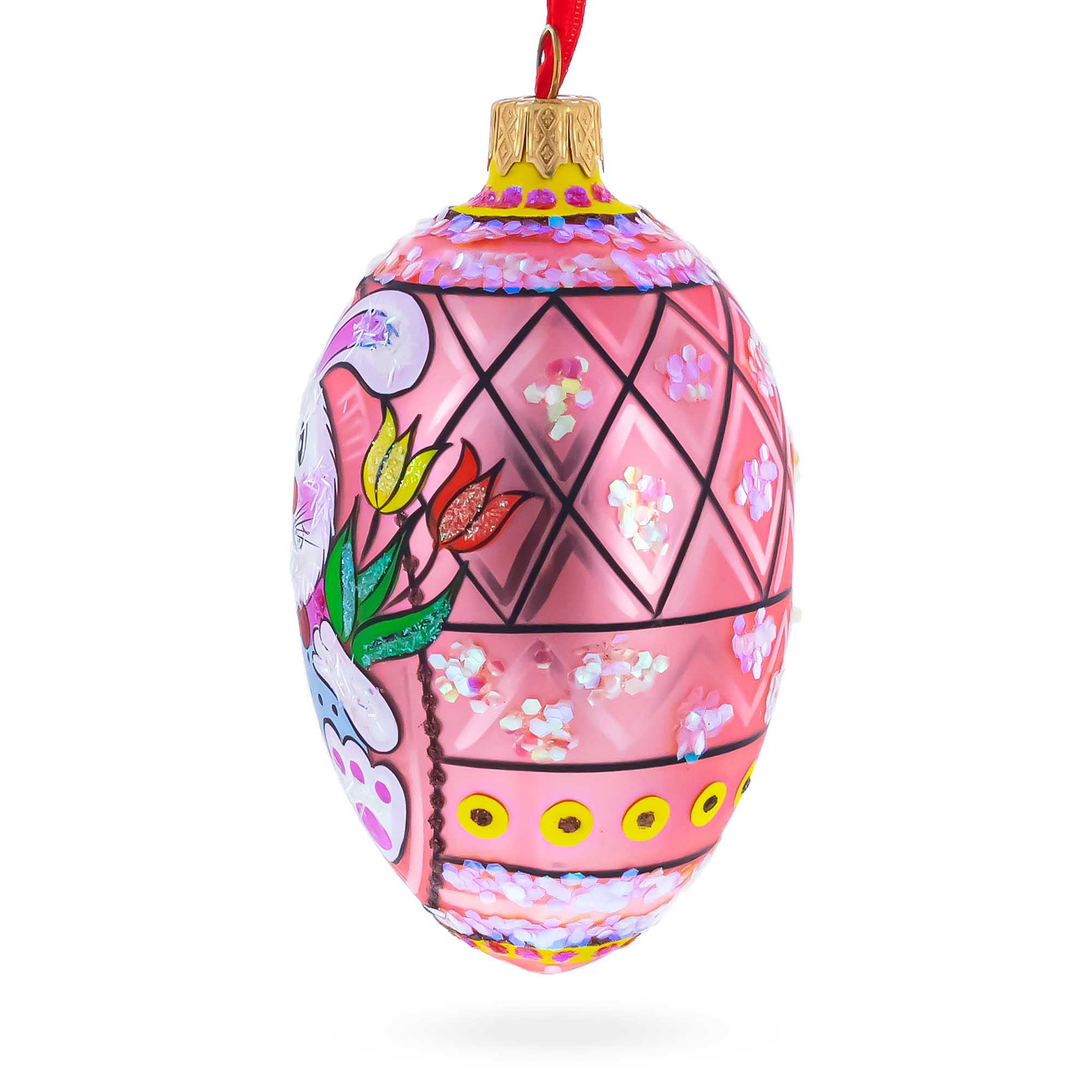 Easter Bunny With Tulips Glass Egg Ornament 4 Inches