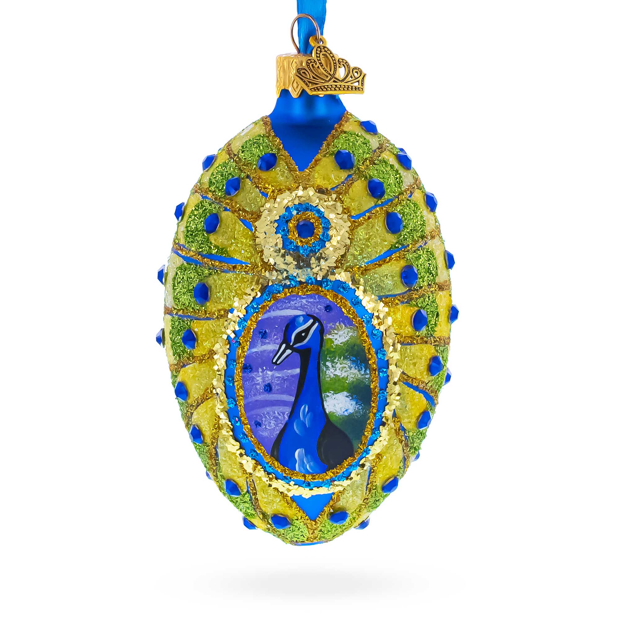 Peacock Glass Egg Ornament 4 Inches