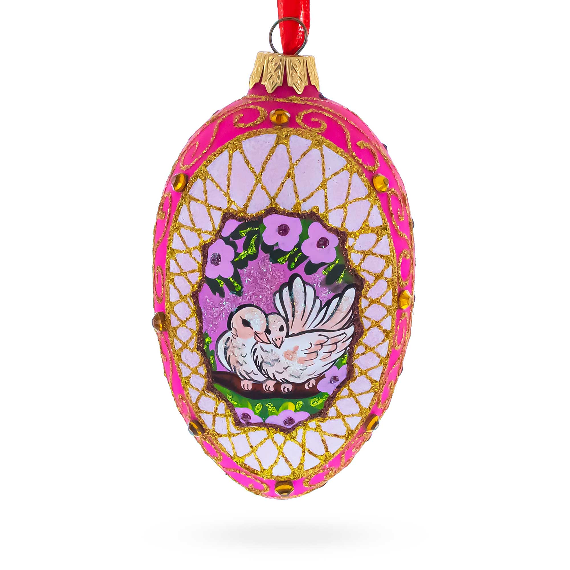 Romantic Doves in Floral Glass Egg Ornament 4 Inches