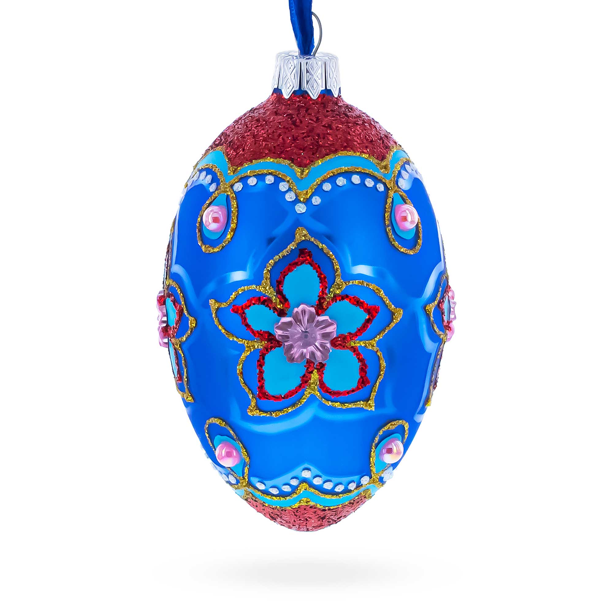 Blue Petals Flower Glass Egg Ornament 4 Inches