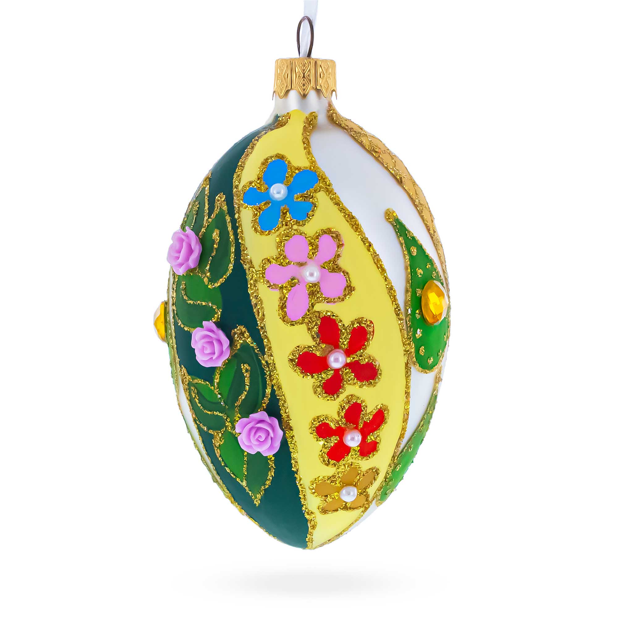 Roses On Spiral Leaves Glass Egg Ornament 4 Inches