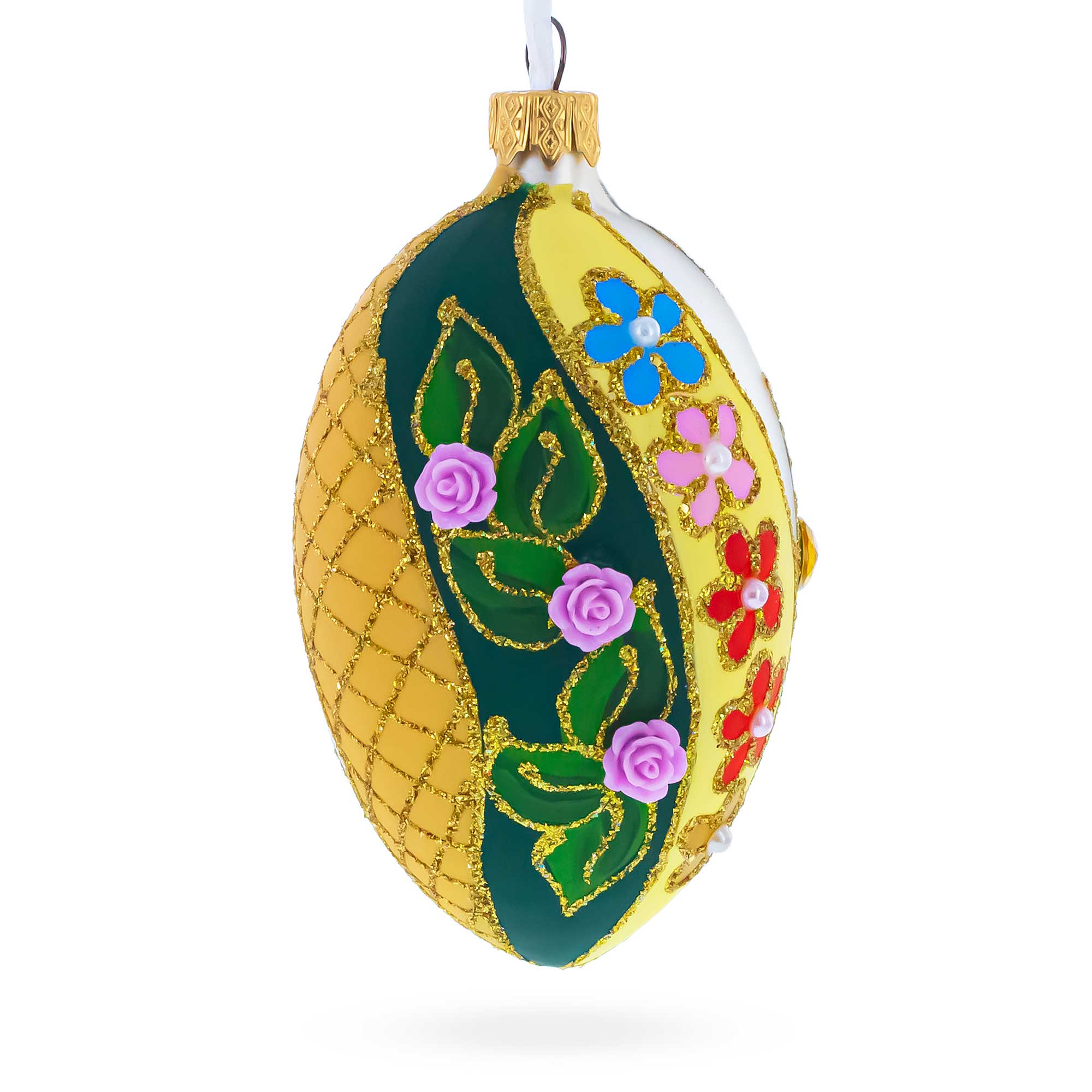 Roses On Spiral Leaves Glass Egg Ornament 4 Inches
