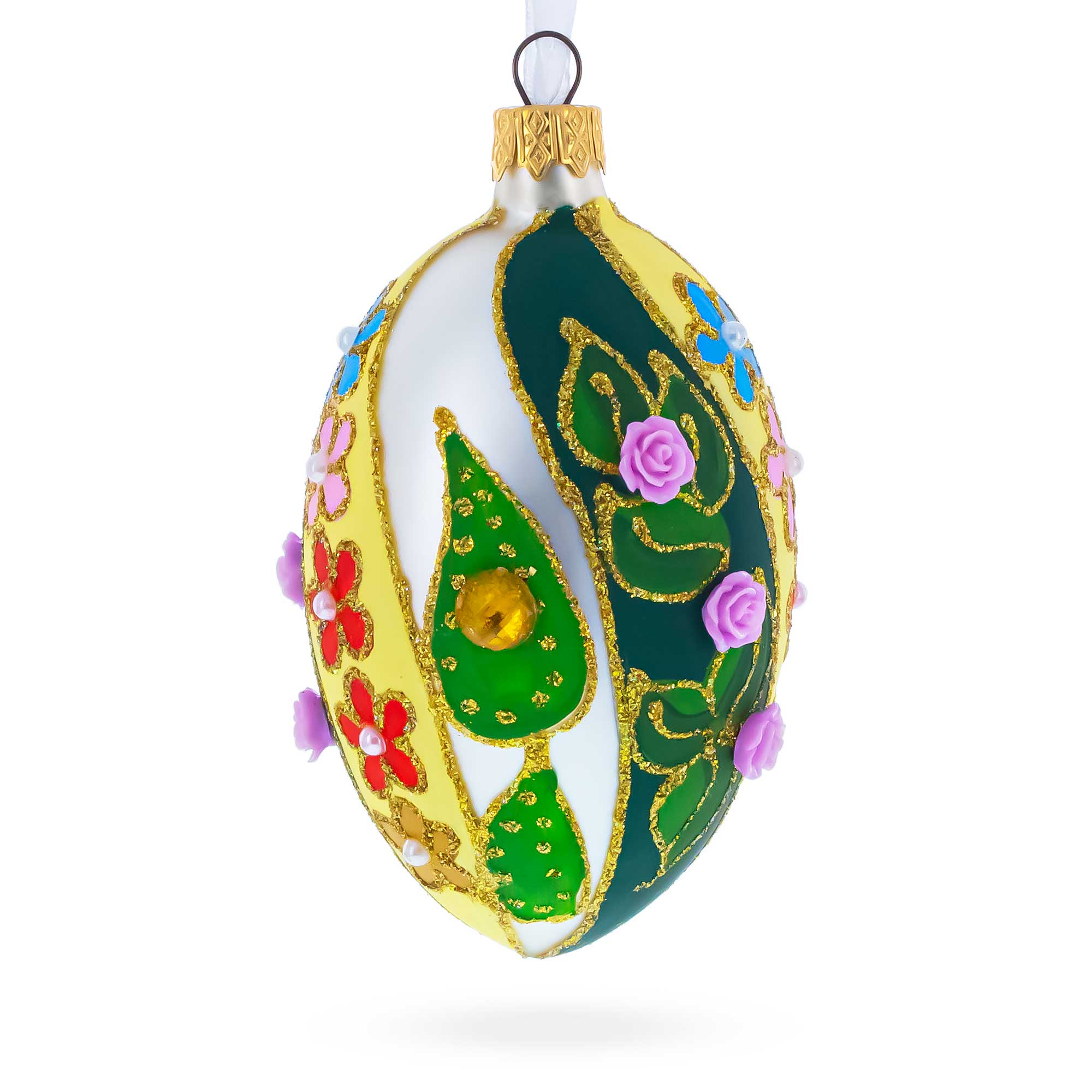 Roses On Spiral Leaves Glass Egg Ornament 4 Inches