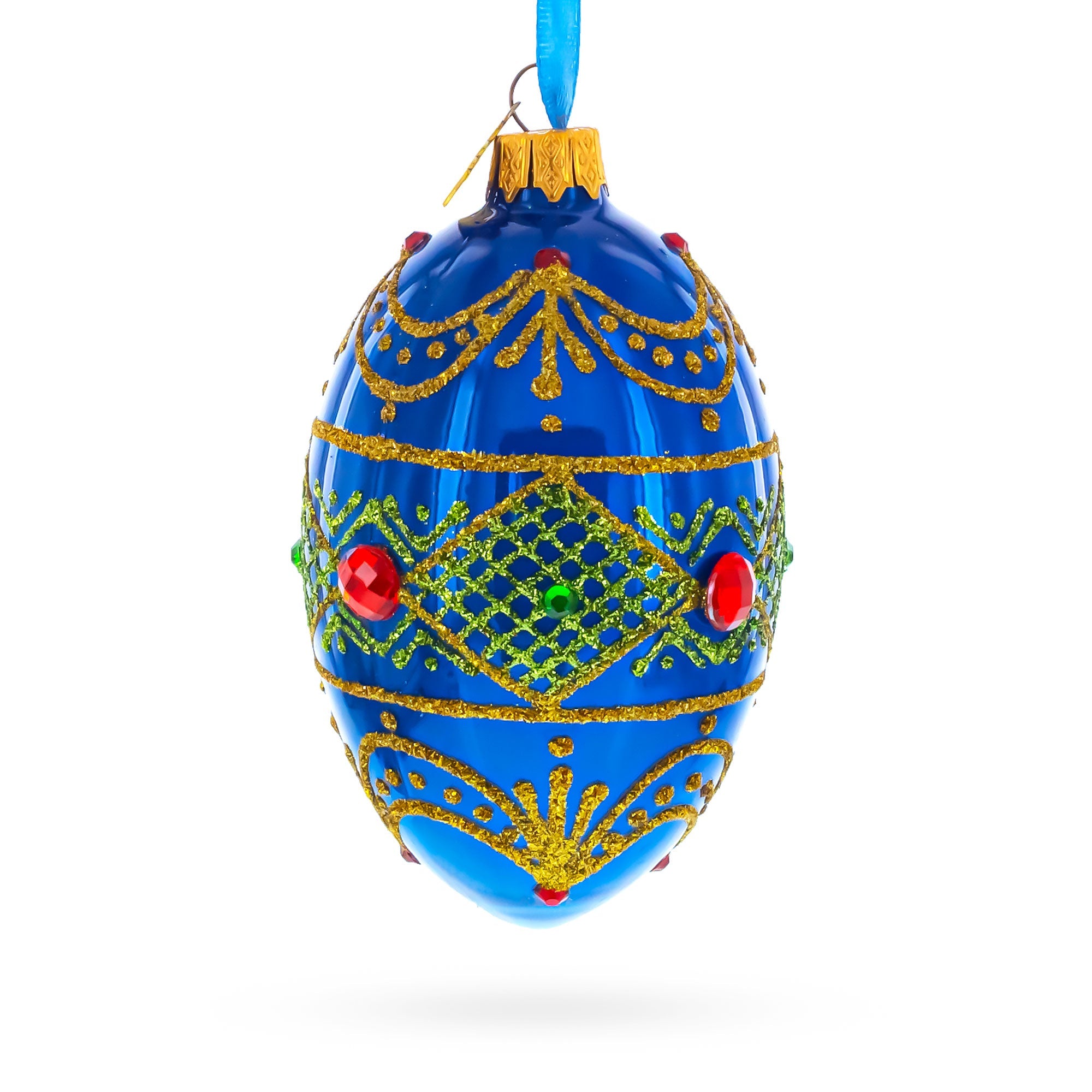 Jeweled Red on Blue Glass Egg Ornament 4 Inches