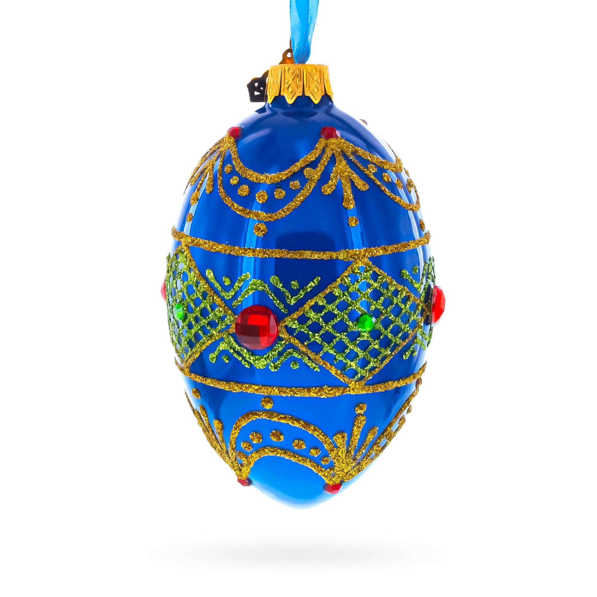 Jeweled Red on Blue Glass Egg Ornament 4 Inches