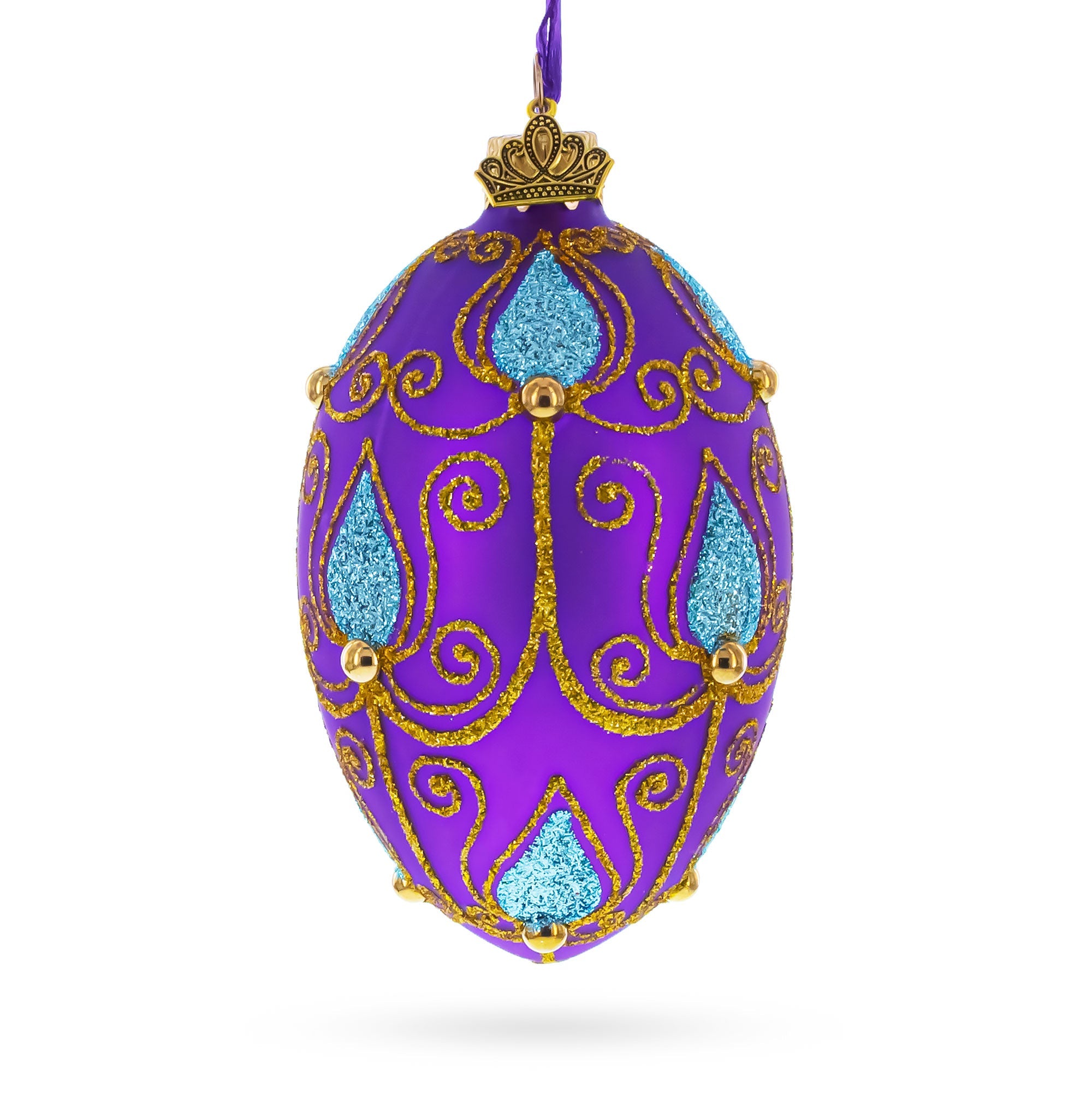 Blue Leaf on Purple Glass Egg Ornament 4 Inches