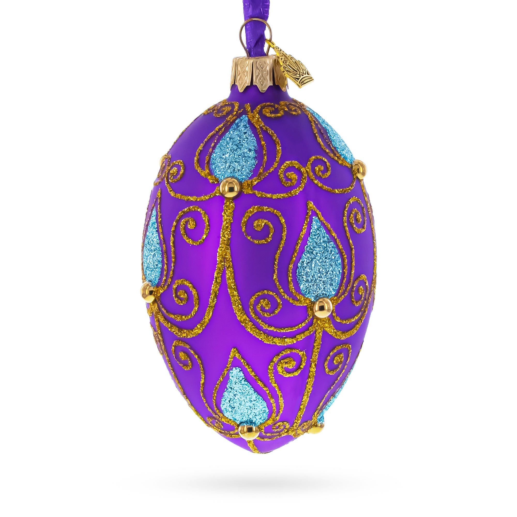Blue Leaf on Purple Glass Egg Ornament 4 Inches