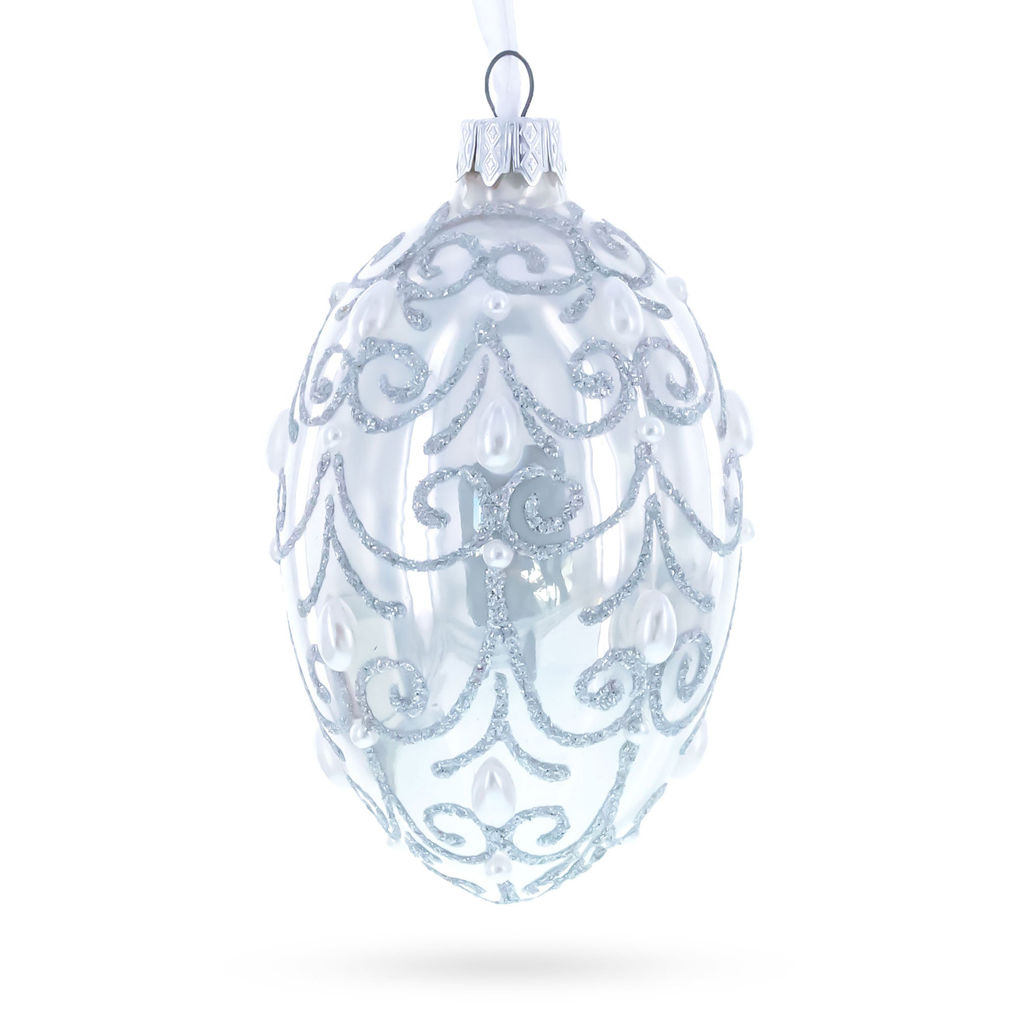 Jeweled Beads on Glossy White Glass Egg Ornament 4 Inches