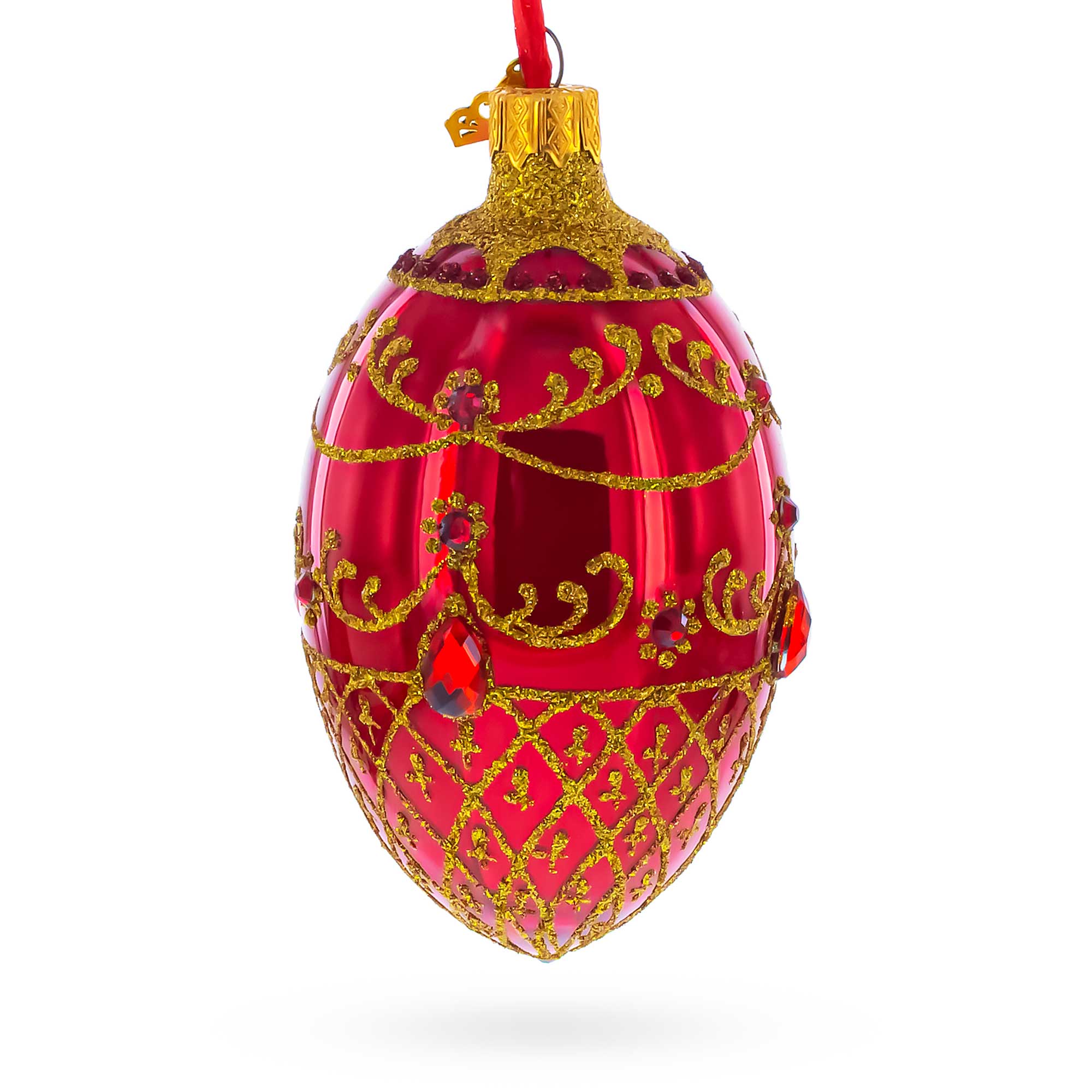 Red Jewels on Glossy Red Glass Egg Ornament 4 Inches