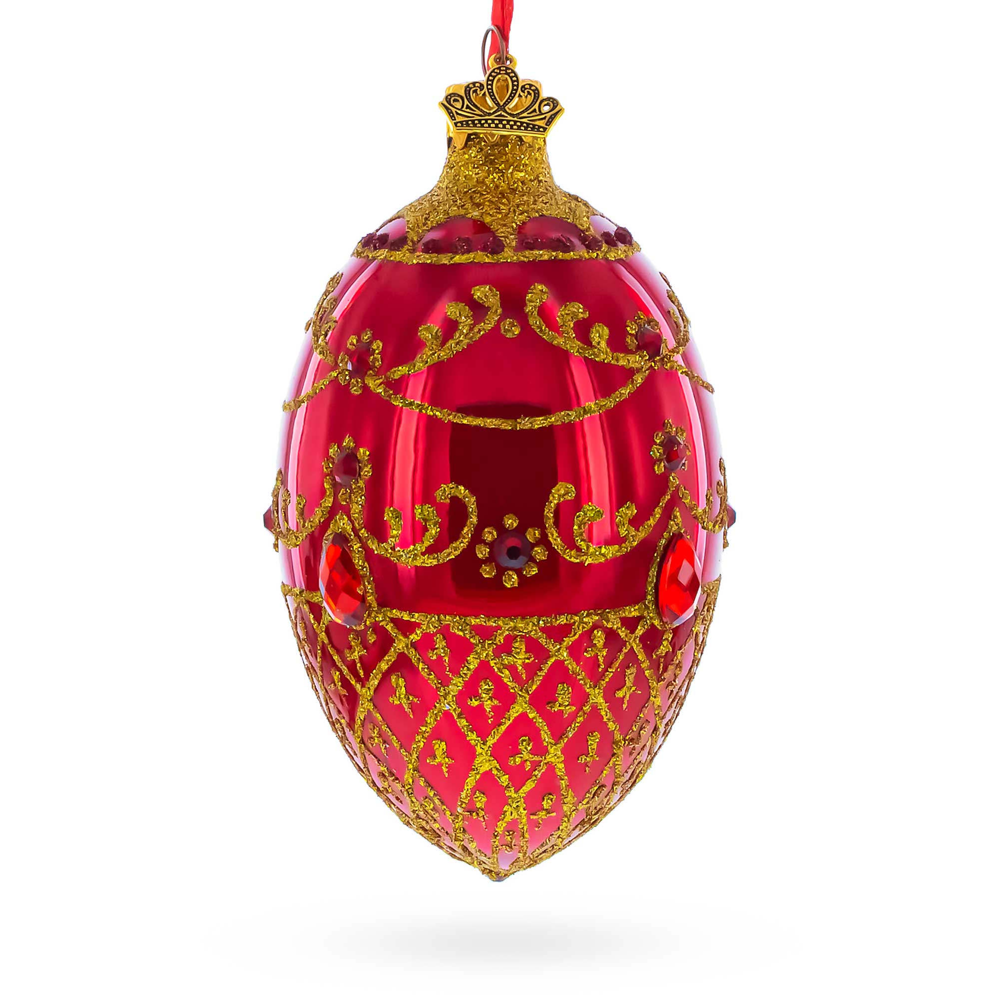 Red Jewels on Glossy Red Glass Egg Ornament 4 Inches