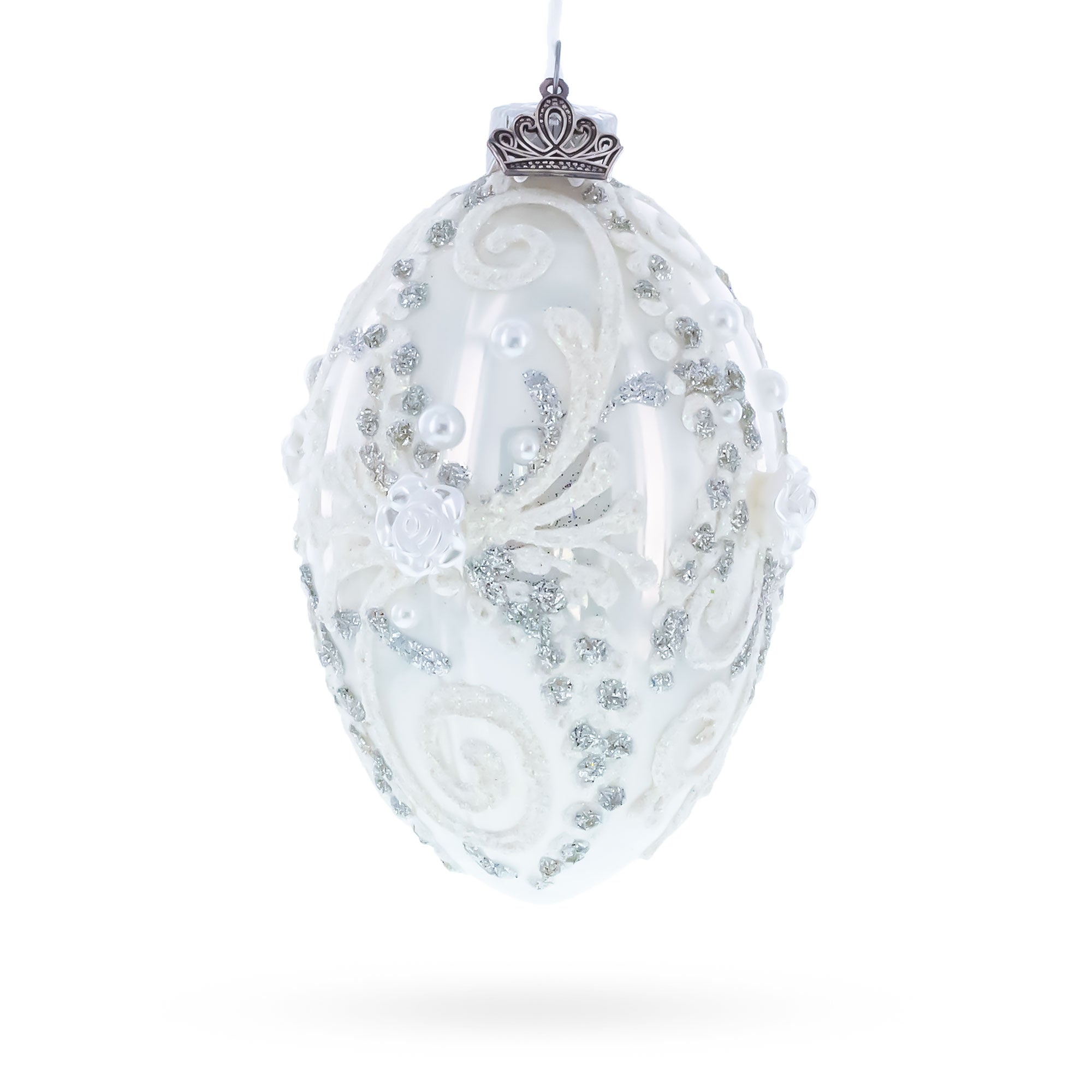 Silver Glitter Scrolls, Pearls & Rose Accents Winter Elegance Glass Egg Ornament 4 Inches