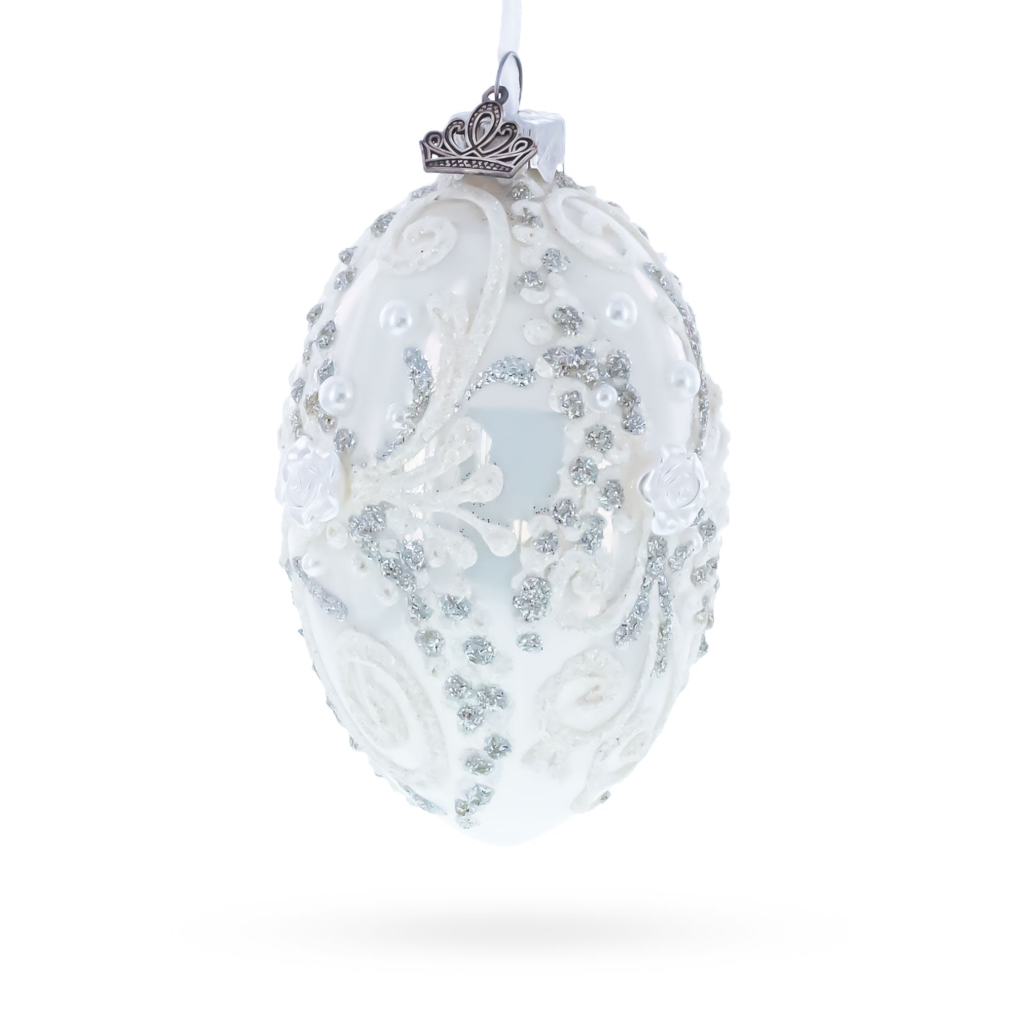 Silver Glitter Scrolls, Pearls & Rose Accents Winter Elegance Glass Egg Ornament 4 Inches