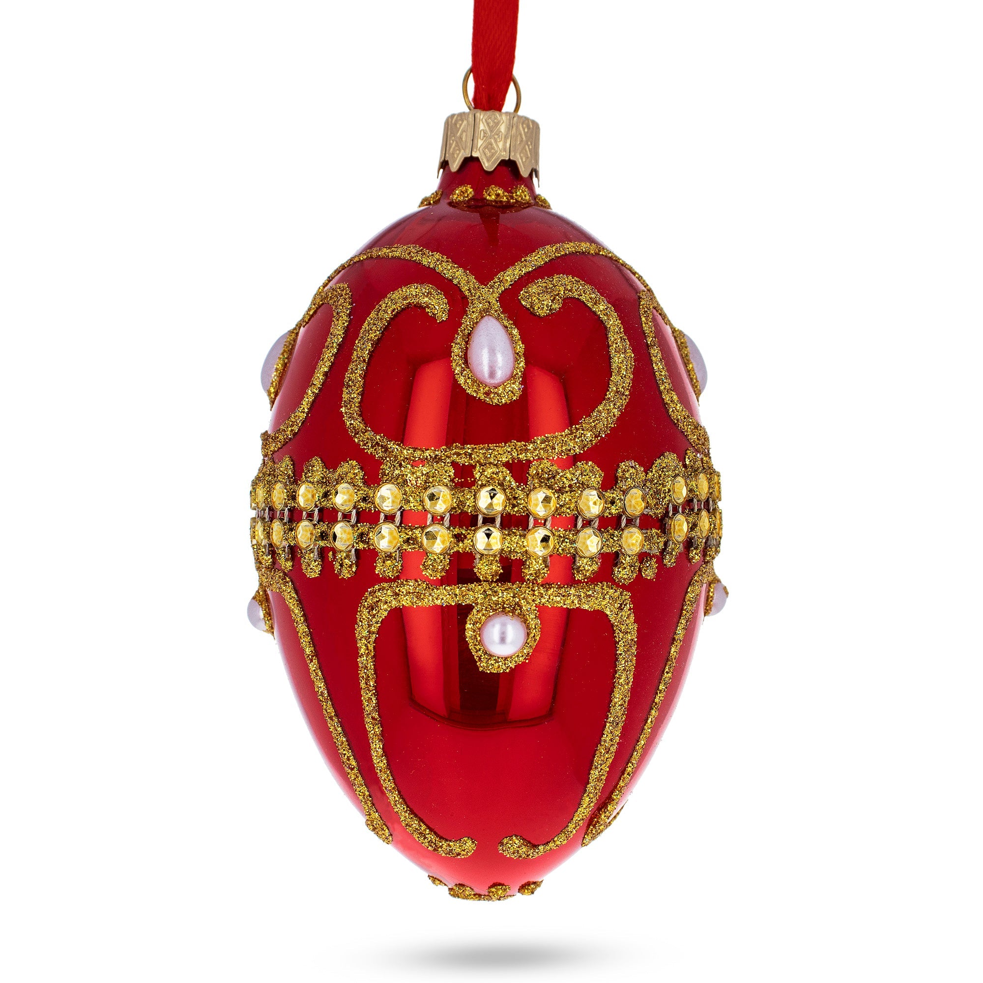 Jeweled White Beads Glossy Red Glass Egg Ornament 4 Inches