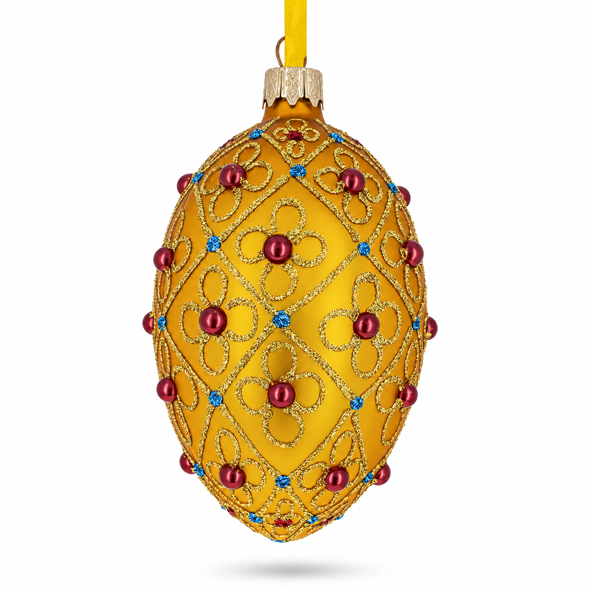 Red Beads, Blue Crystals & Filigree Trellis Glitter on Gold Glass Egg Ornament 4 Inches