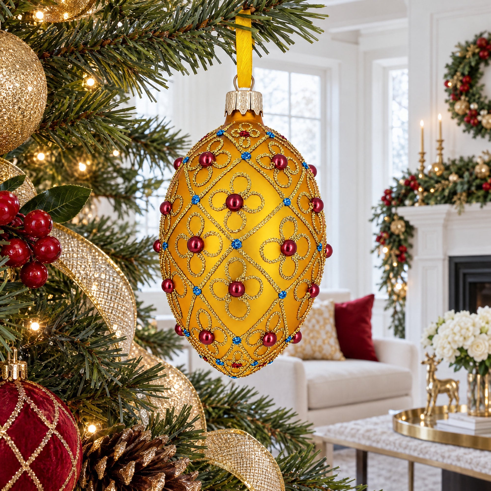 Red Beads, Blue Crystals & Filigree Trellis Glitter on Gold Glass Egg Ornament 4 Inches