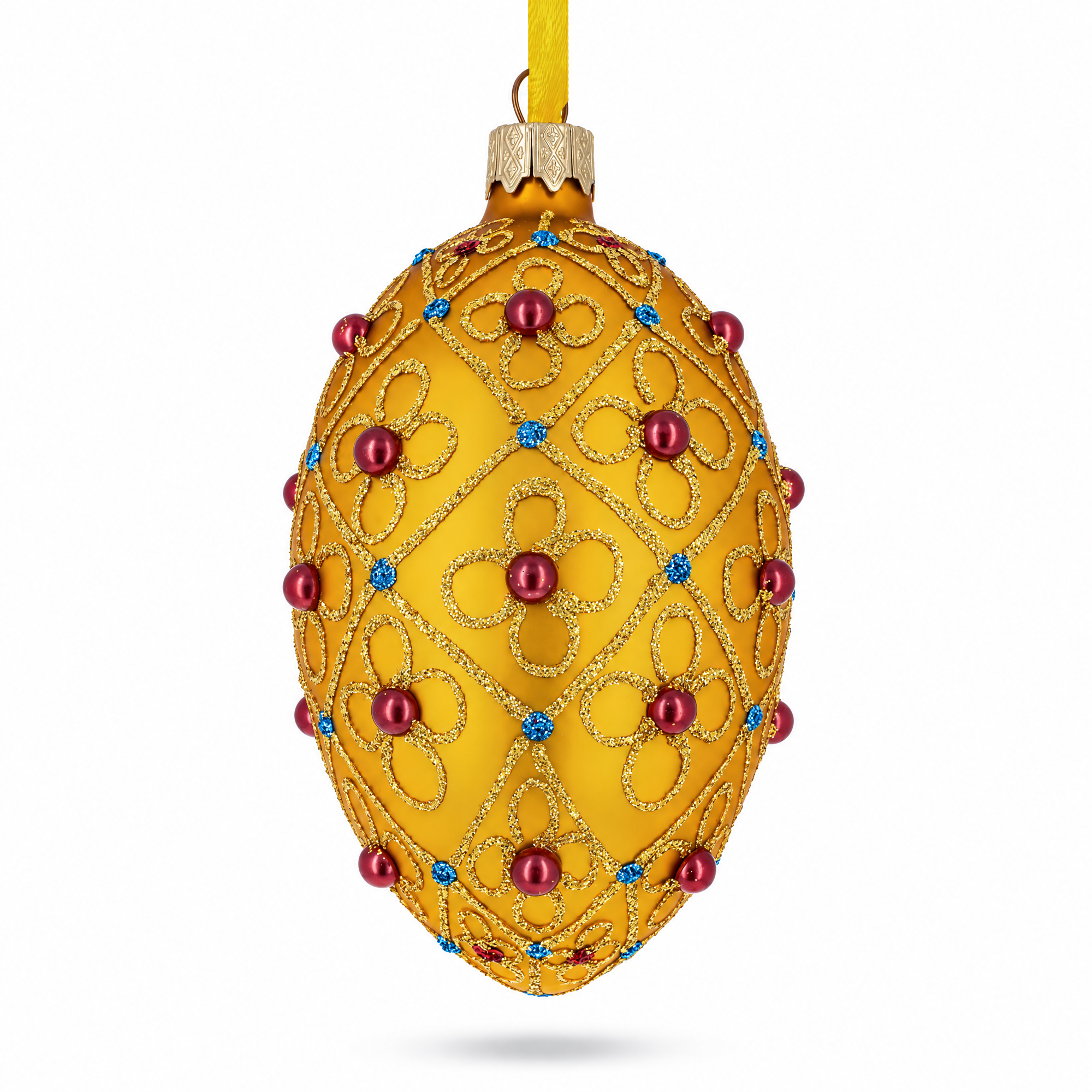 Red Beads, Blue Crystals & Filigree Trellis Glitter on Gold Glass Egg Ornament 4 Inches