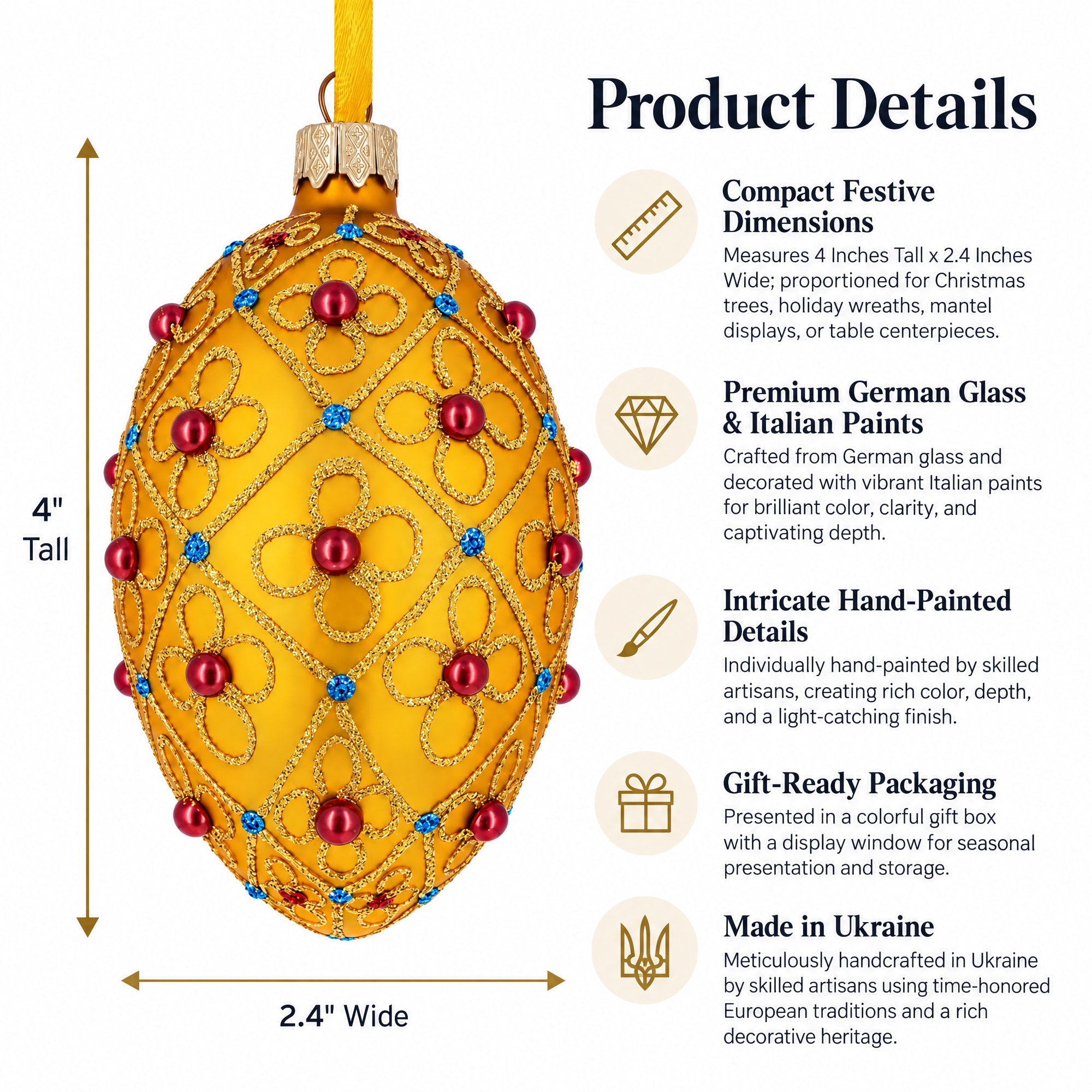 Red Beads, Blue Crystals & Filigree Trellis Glitter on Gold Glass Egg Ornament 4 Inches
