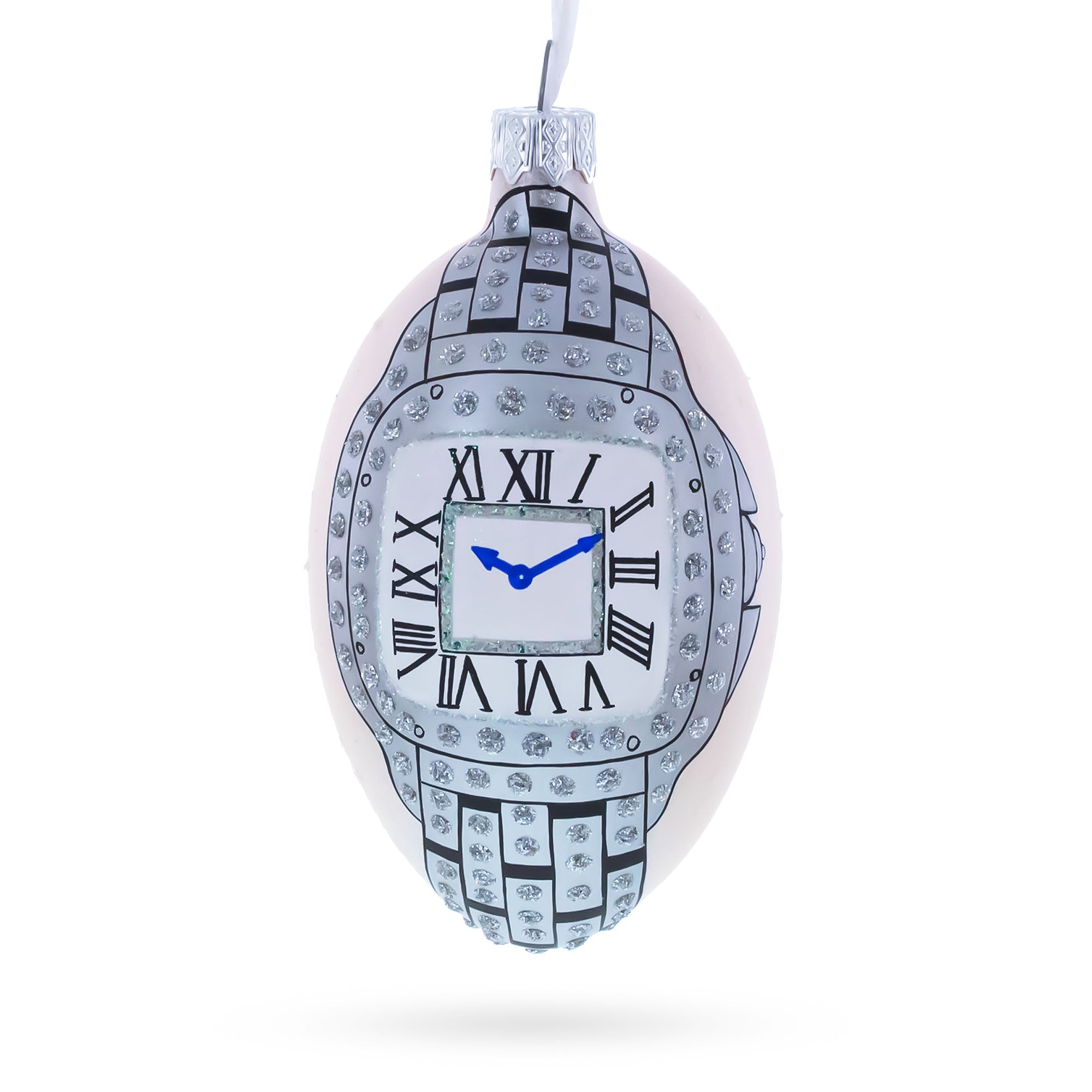 Louis-Francois Designer Jeweled Timepiece Glass Egg Christmas Ornament 4 Inches