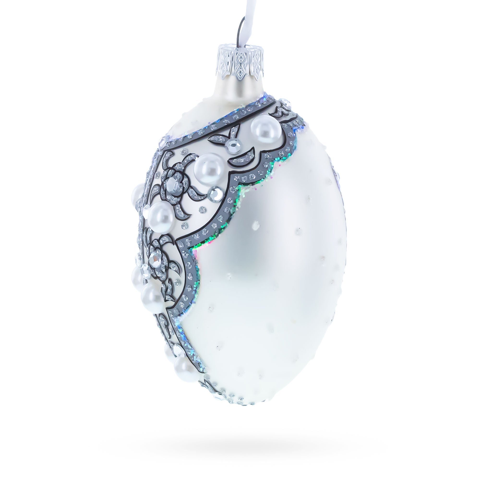 French Couturier Pearls on White Pendant Necklace Glass Egg Christmas Ornament 4 Inches