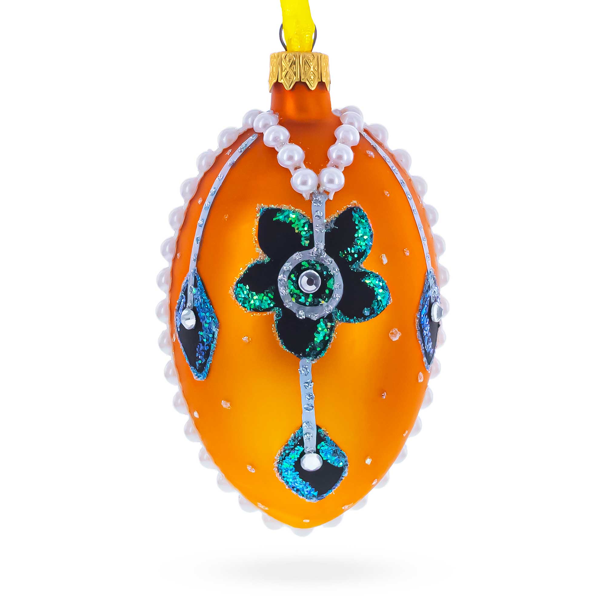 Italian Couturier Fine Jeweled Flower Necklace Glass Egg Christmas Ornament 4 Inches