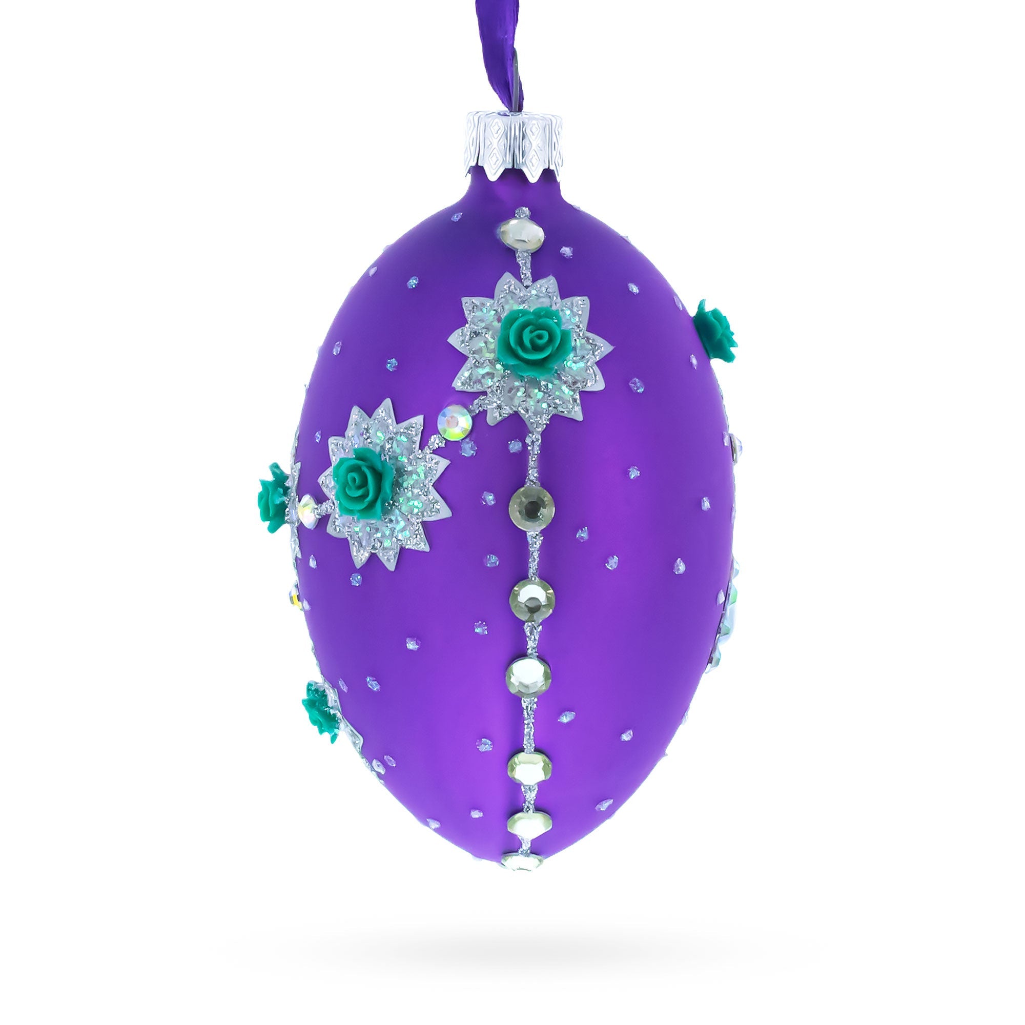 Milan Designer Intricate Jeweled Flower Necklace Glass Egg Christmas Ornament 4 Inches