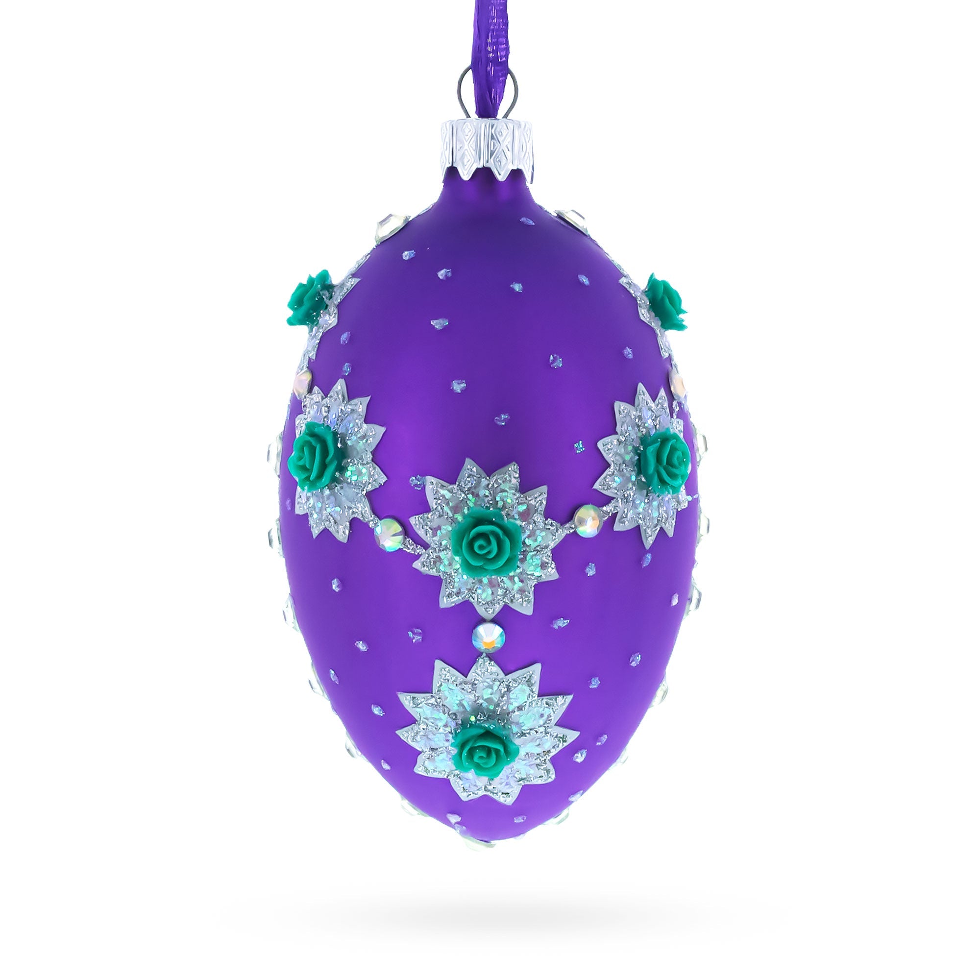Milan Designer Intricate Jeweled Flower Necklace Glass Egg Christmas Ornament 4 Inches